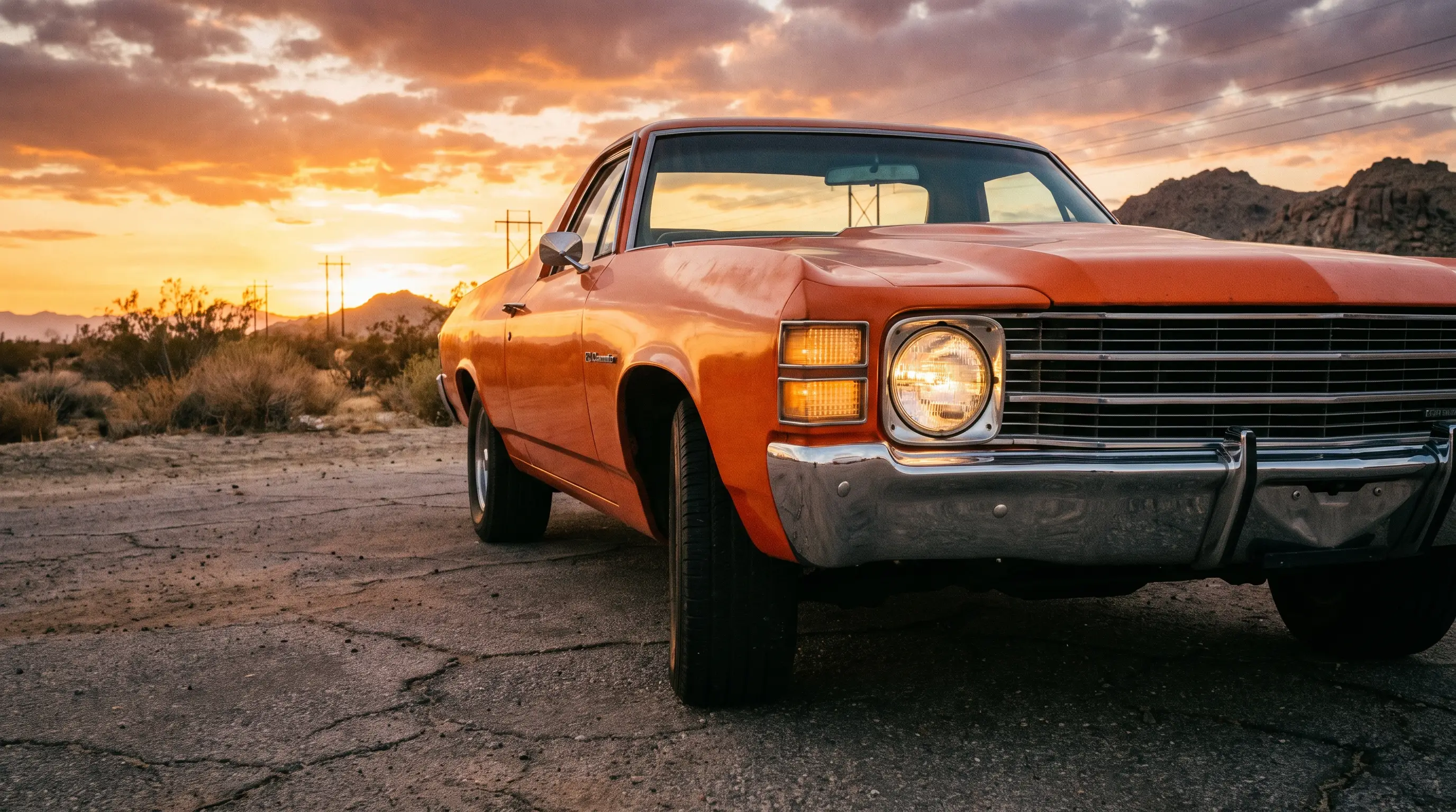 Orange 1972 Chevrolet El Camino with single headlight face on desert asphalt at sunset