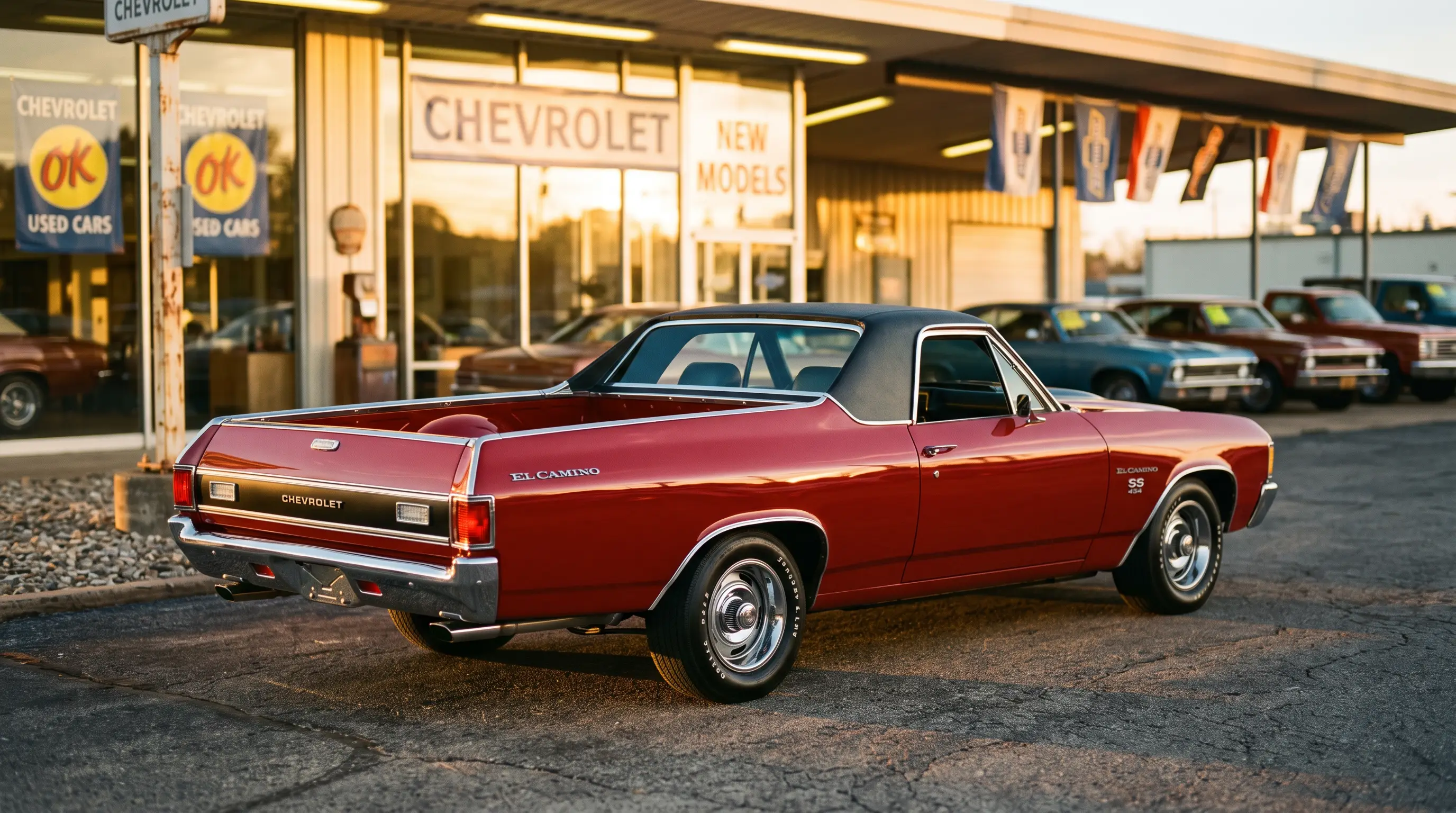 Red 1972 Chevrolet El Camino SS with black hood stripe at a period dealership lot