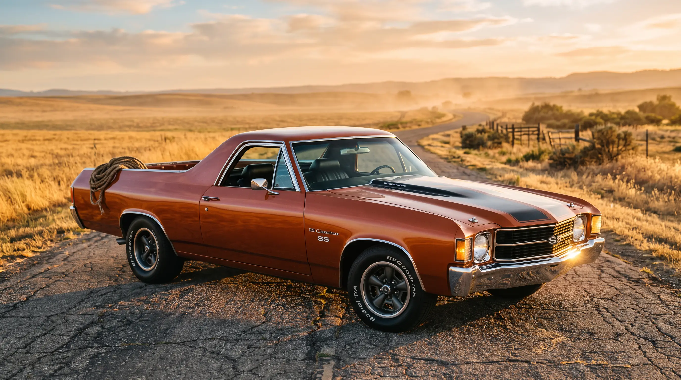 1972 Chevrolet El Camino SS on a rural road at golden hour