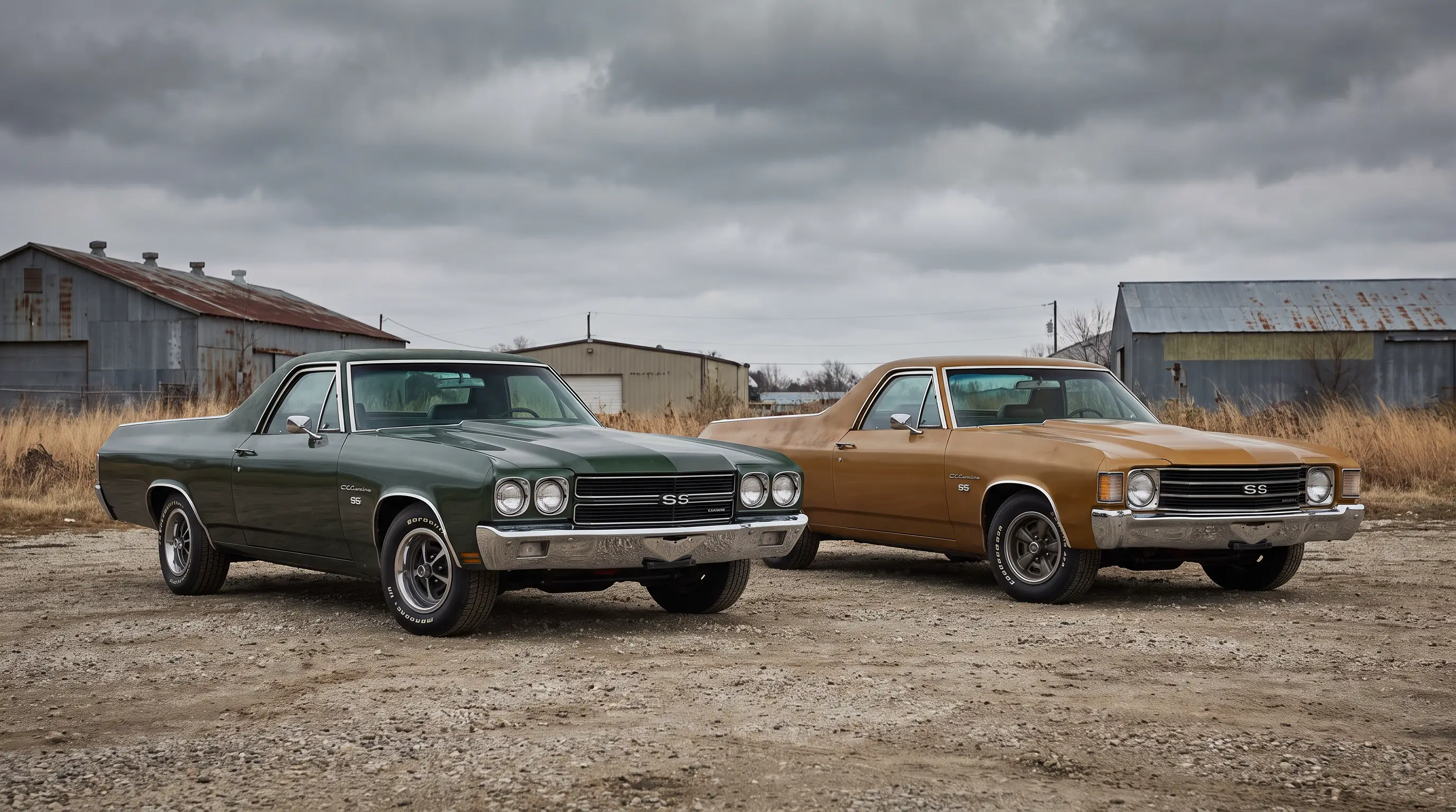 A 1970 and a 1972 Chevrolet El Camino parked side by side in a gravel lot
