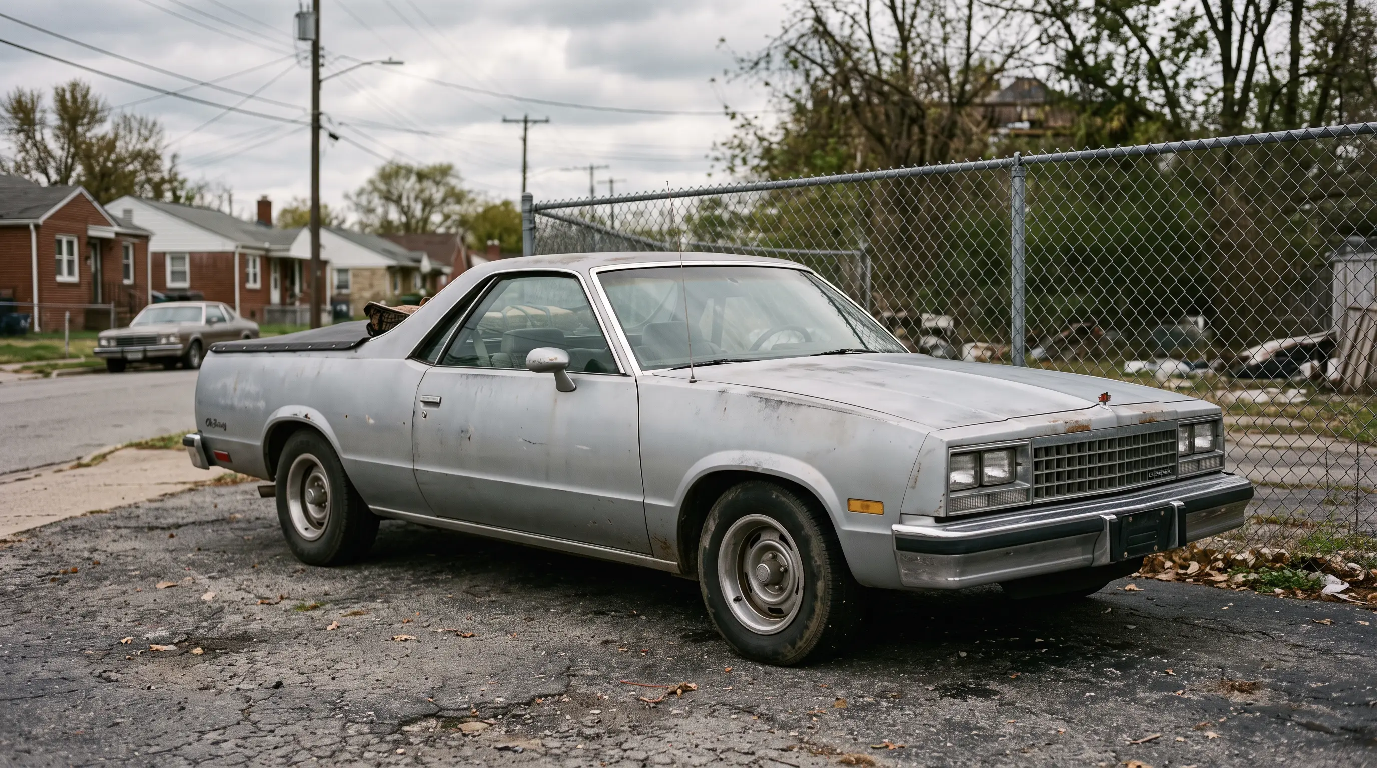 Faded silver 1985 Chevrolet El Camino with subtle patina beside a chain link fence