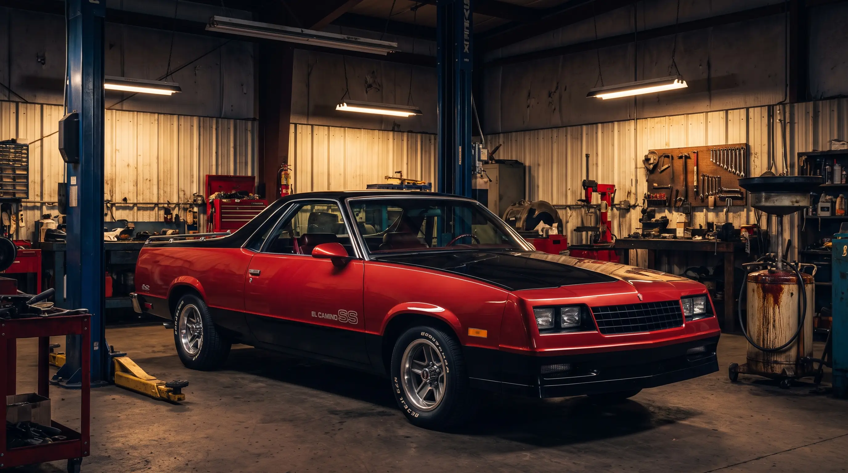 1985 Chevrolet El Camino SS in a dealership service bay under work lights