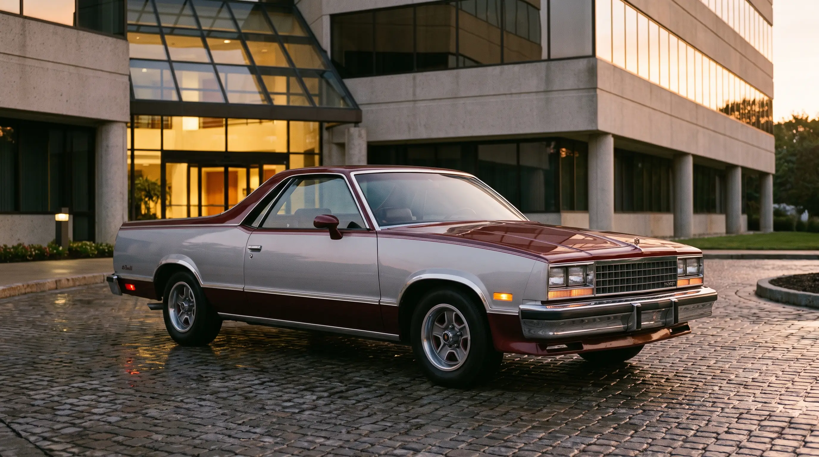 Two tone silver and burgundy 1985 El Camino Conquista outside an office building at dusk