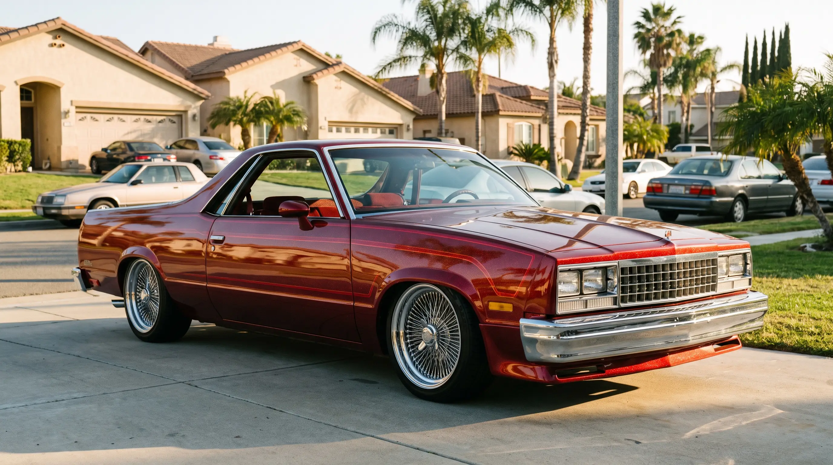 Candy painted 1985 El Camino lowered on chrome wire wheels in a golden hour driveway