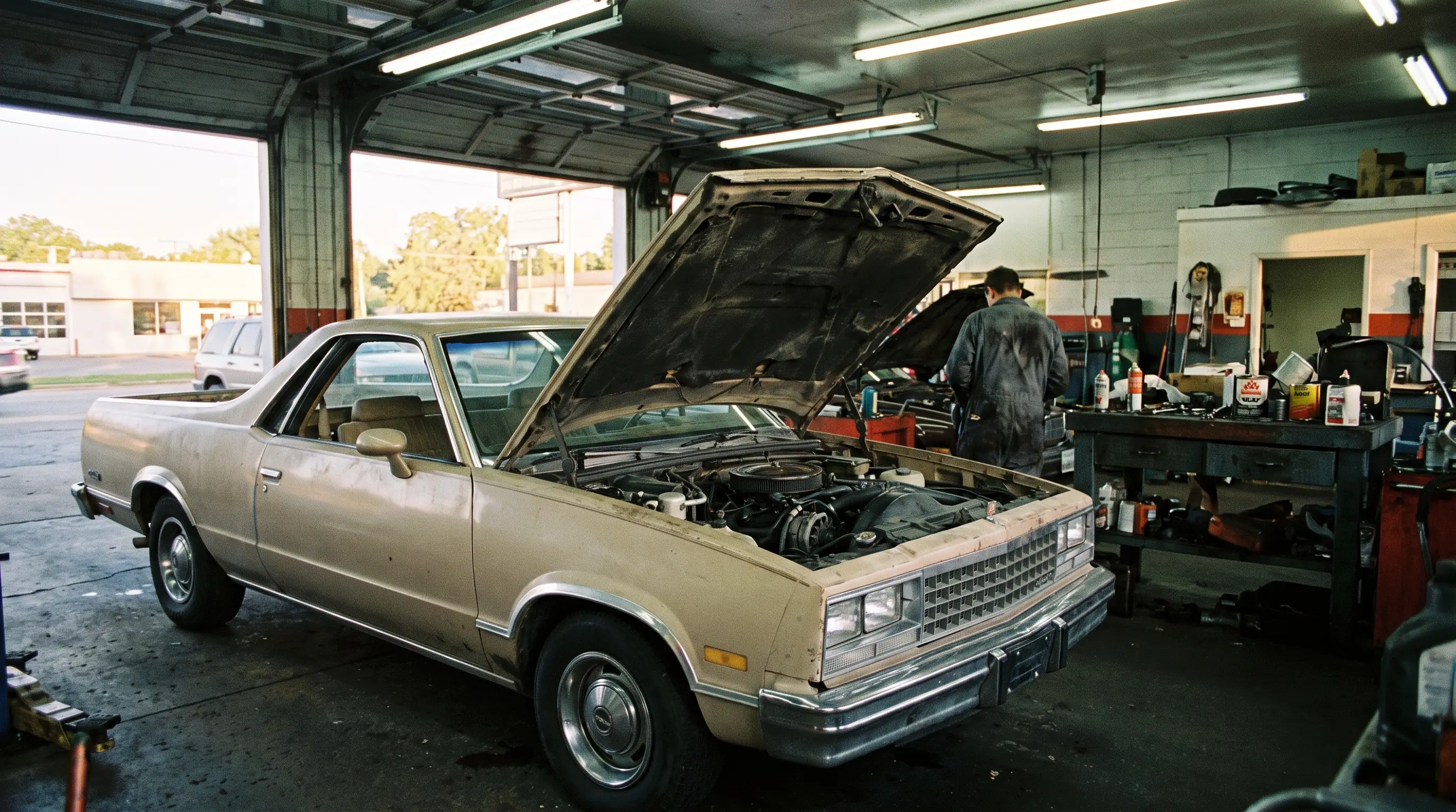 Beige early 1980s diesel El Camino with hood open in a quiet service bay