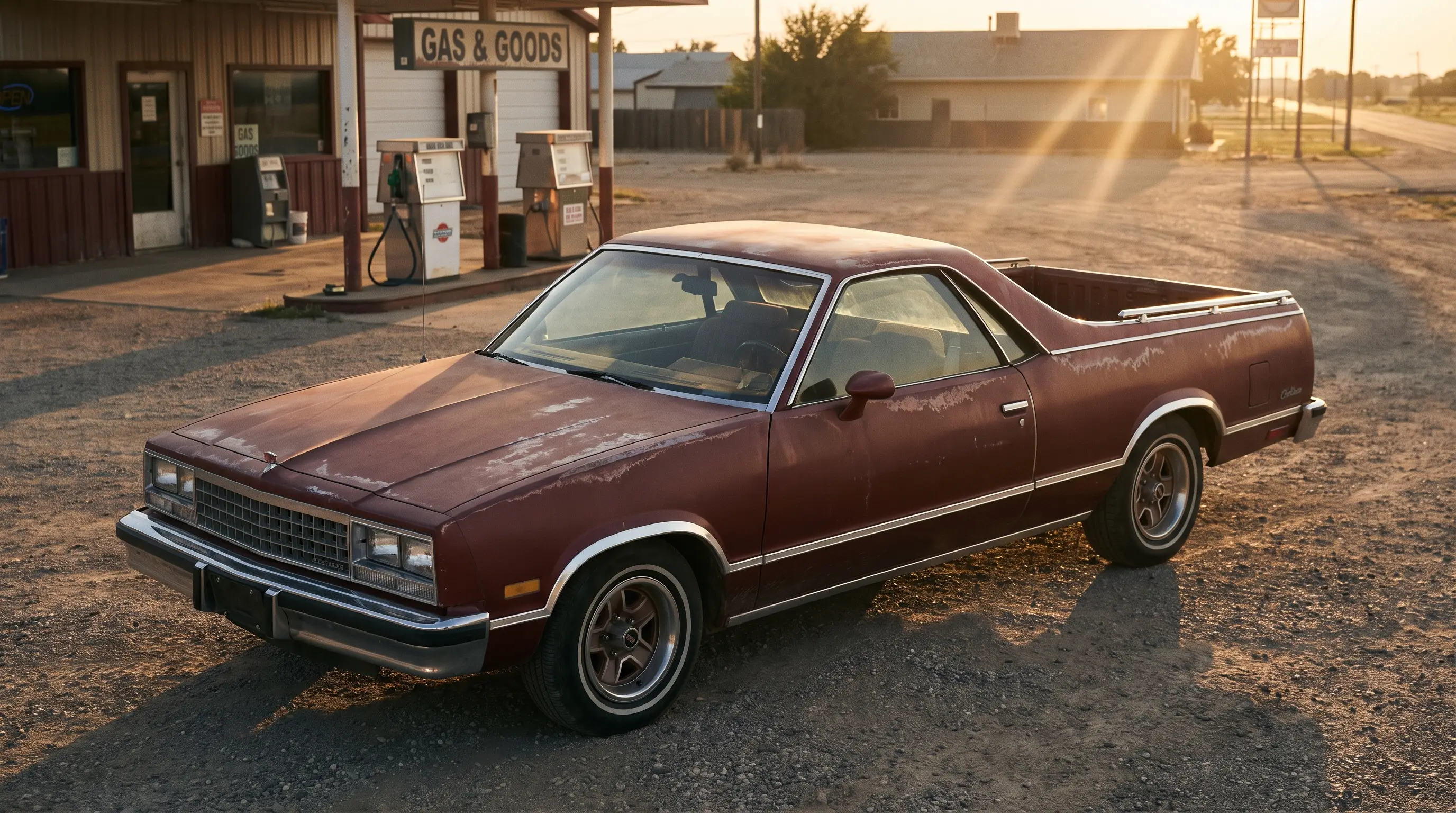 Faded maroon 1987 Chevrolet El Camino parked at dusk in an empty small town gas station lot