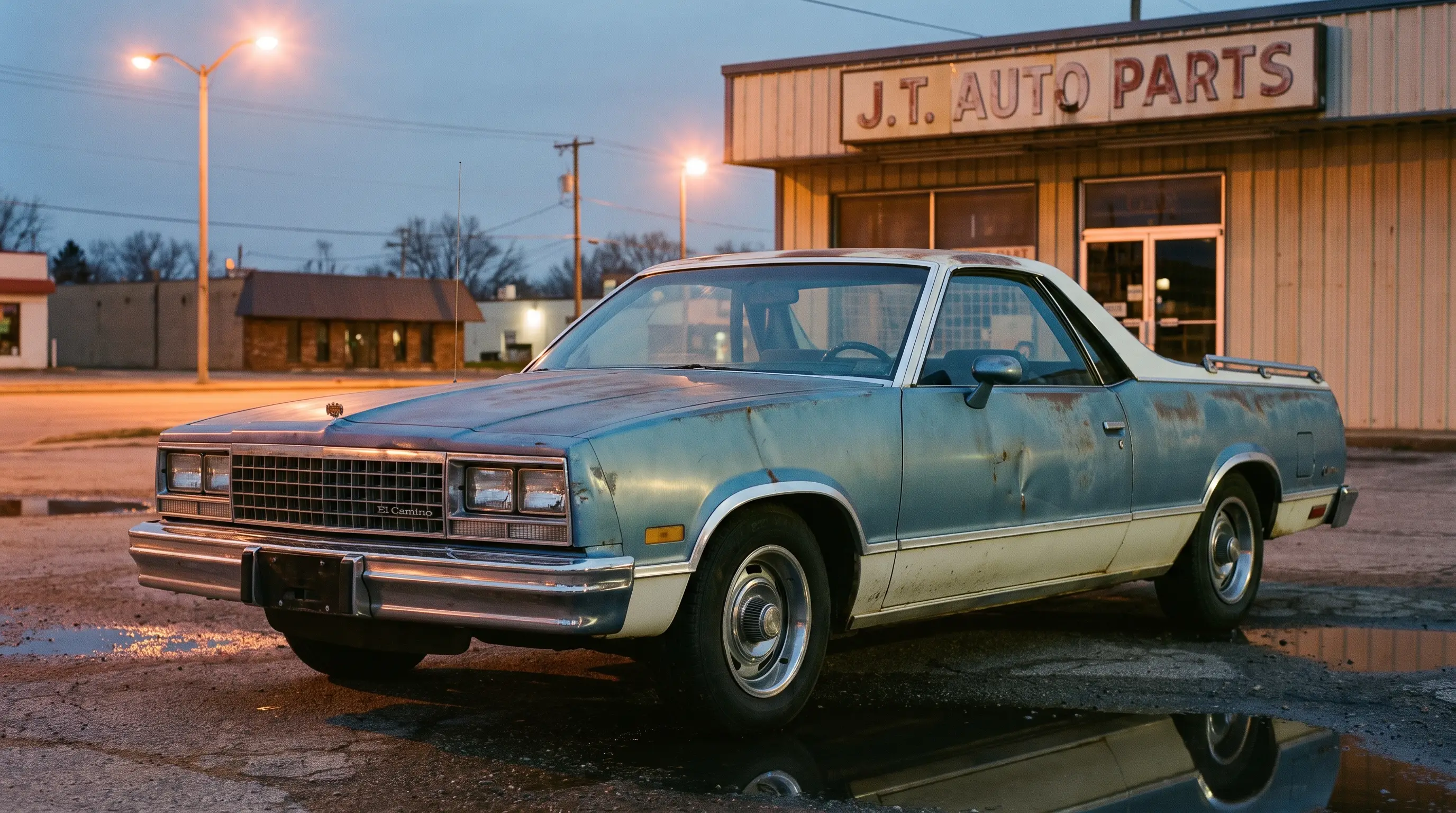 Weathered 1985 Chevrolet El Camino parked outside an auto parts store at dusk