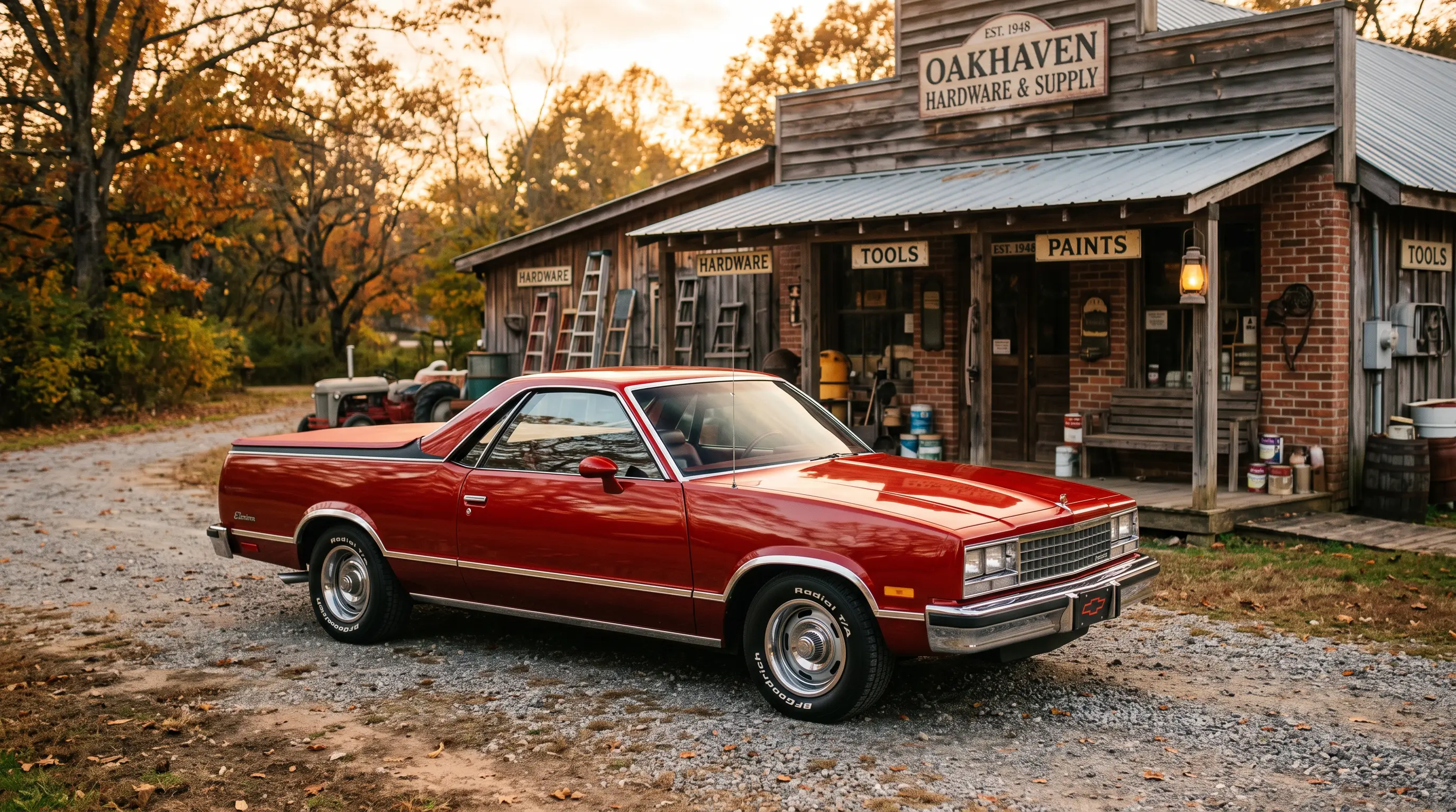 Red 1985 Chevrolet El Camino G body parked outside a rural hardware store