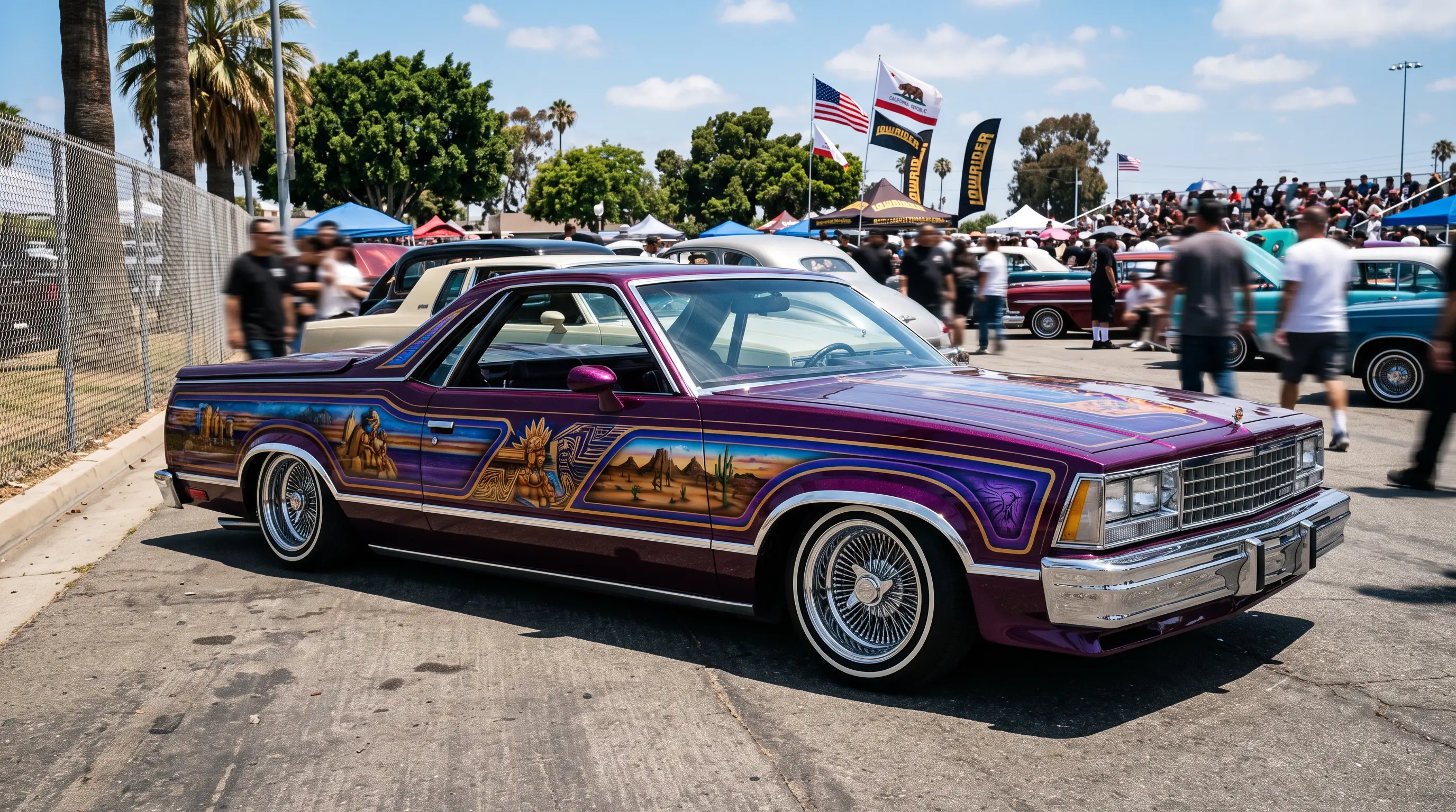 Candy purple lowered Chevrolet El Camino with airbrushed mural graphics at a car show