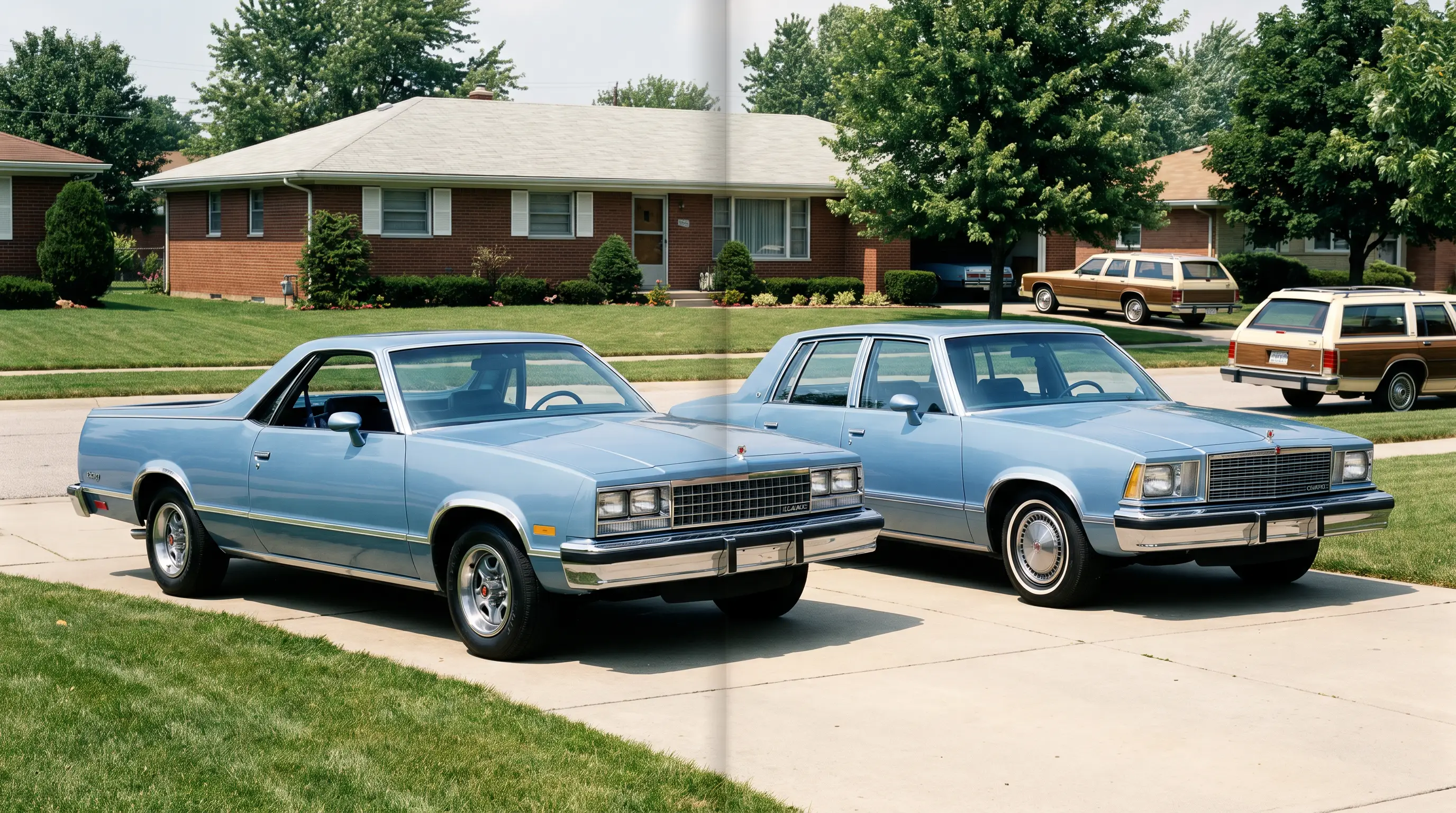 Light blue 1985 El Camino beside a matching Malibu sedan in a suburban driveway