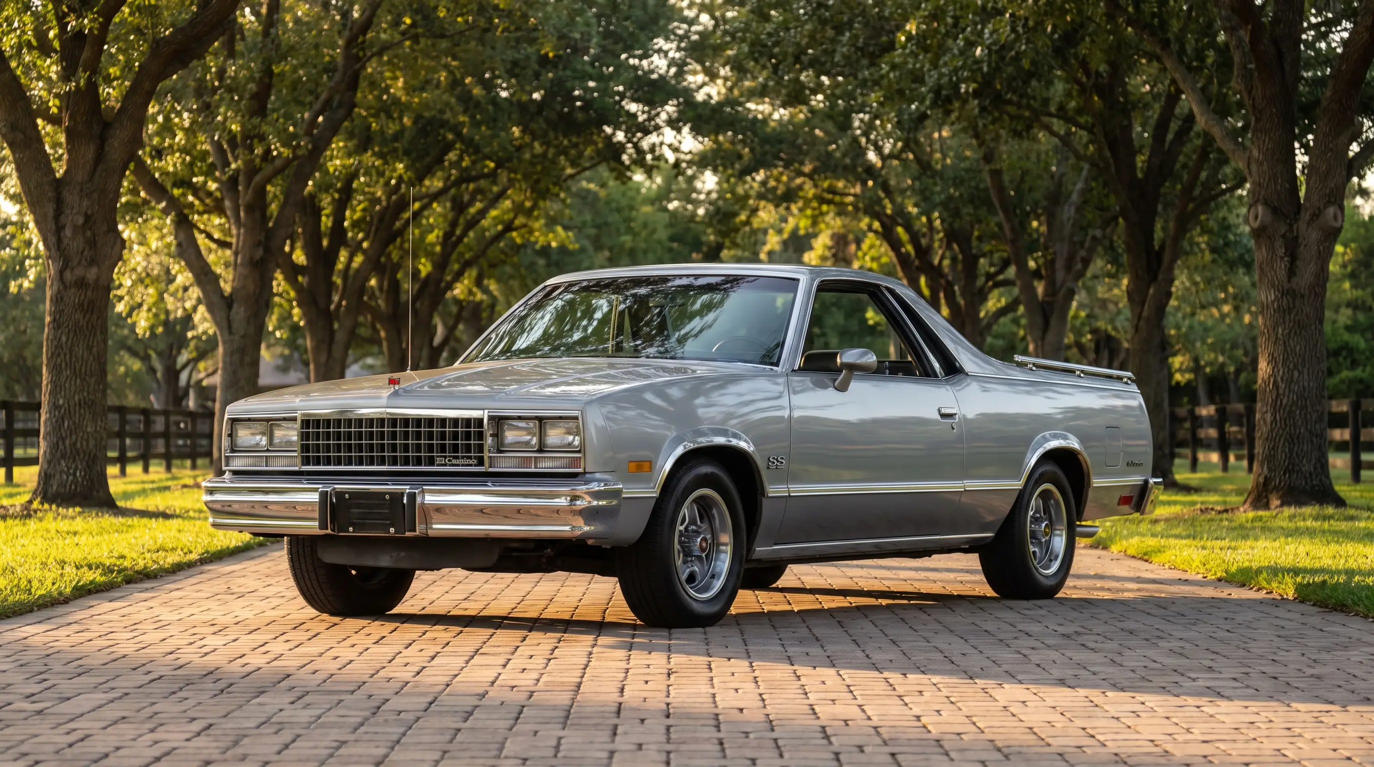 Original silver 1985 El Camino parked in a leafy family driveway at dusk