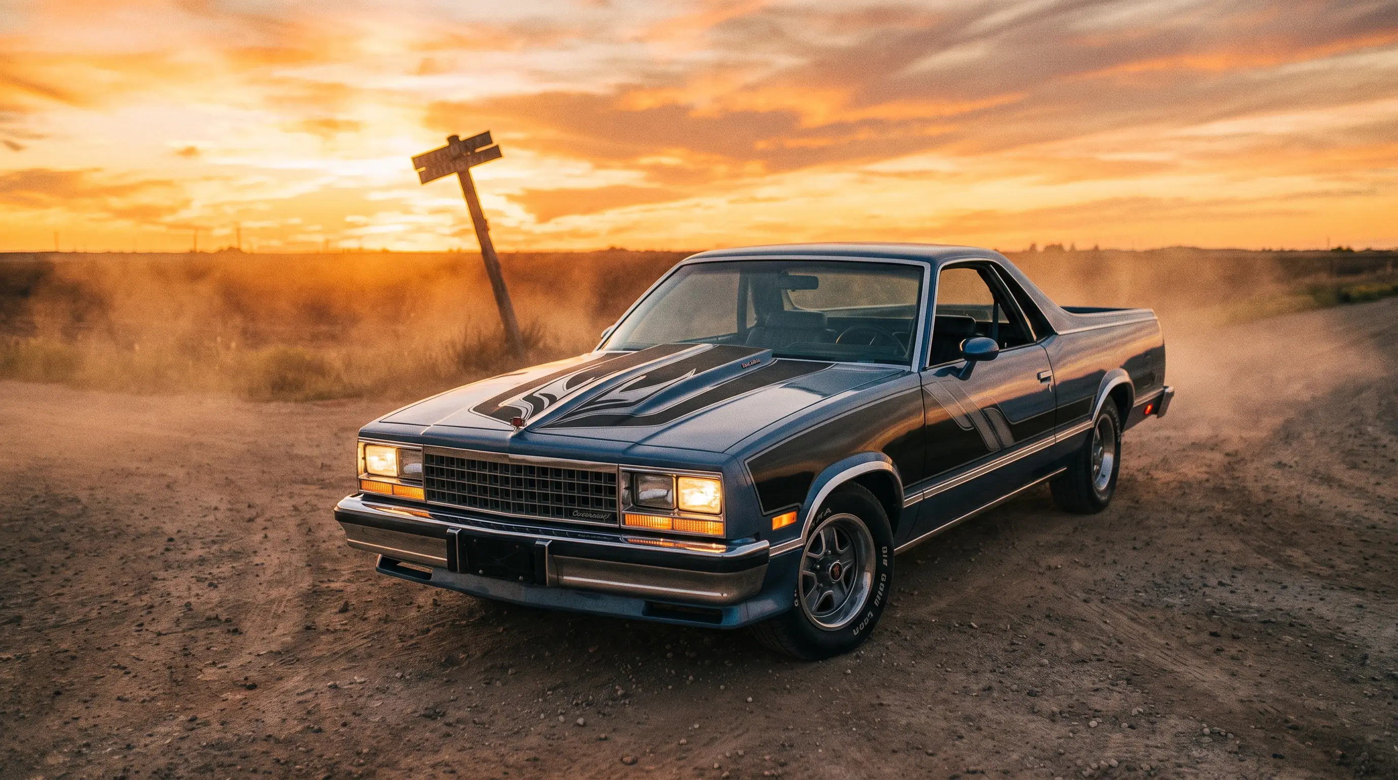 1985 Chevrolet El Camino Royal Knight with hood graphics at a rural crossroads sunset