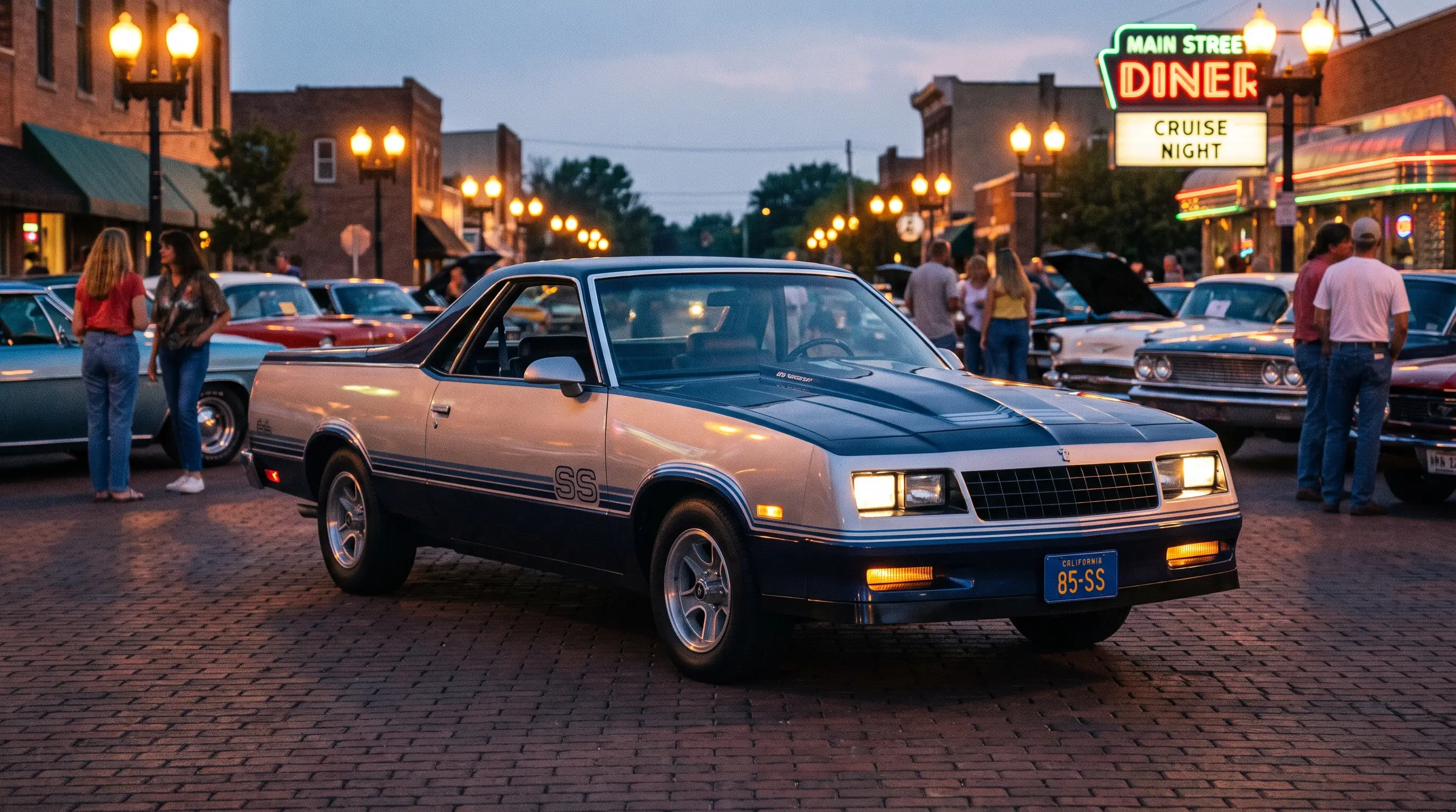 Silver and blue 1985 El Camino SS with decal stripes at a small town cruise night