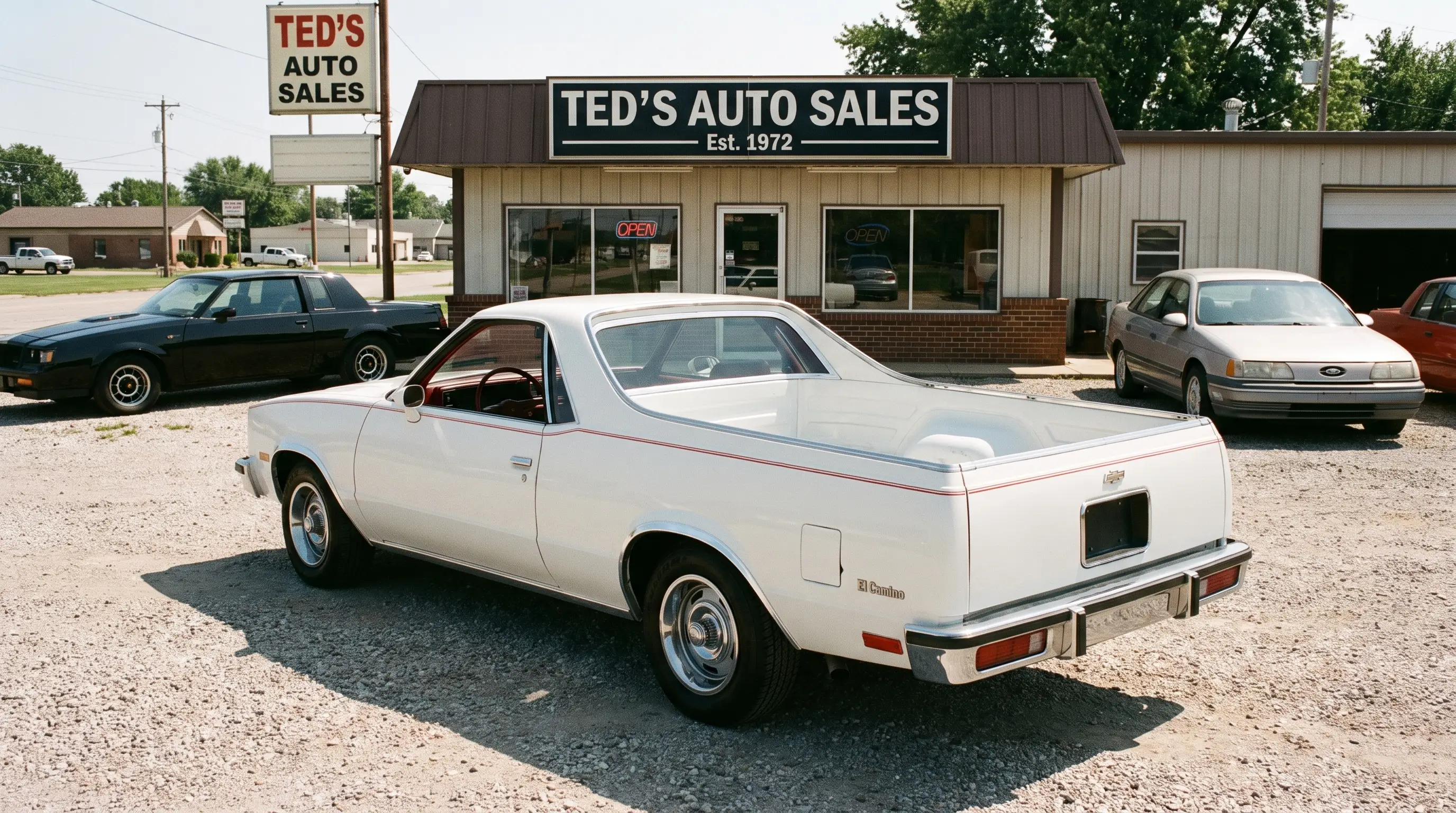 White 1985 El Camino with red pinstripe parked outside a small town dealership