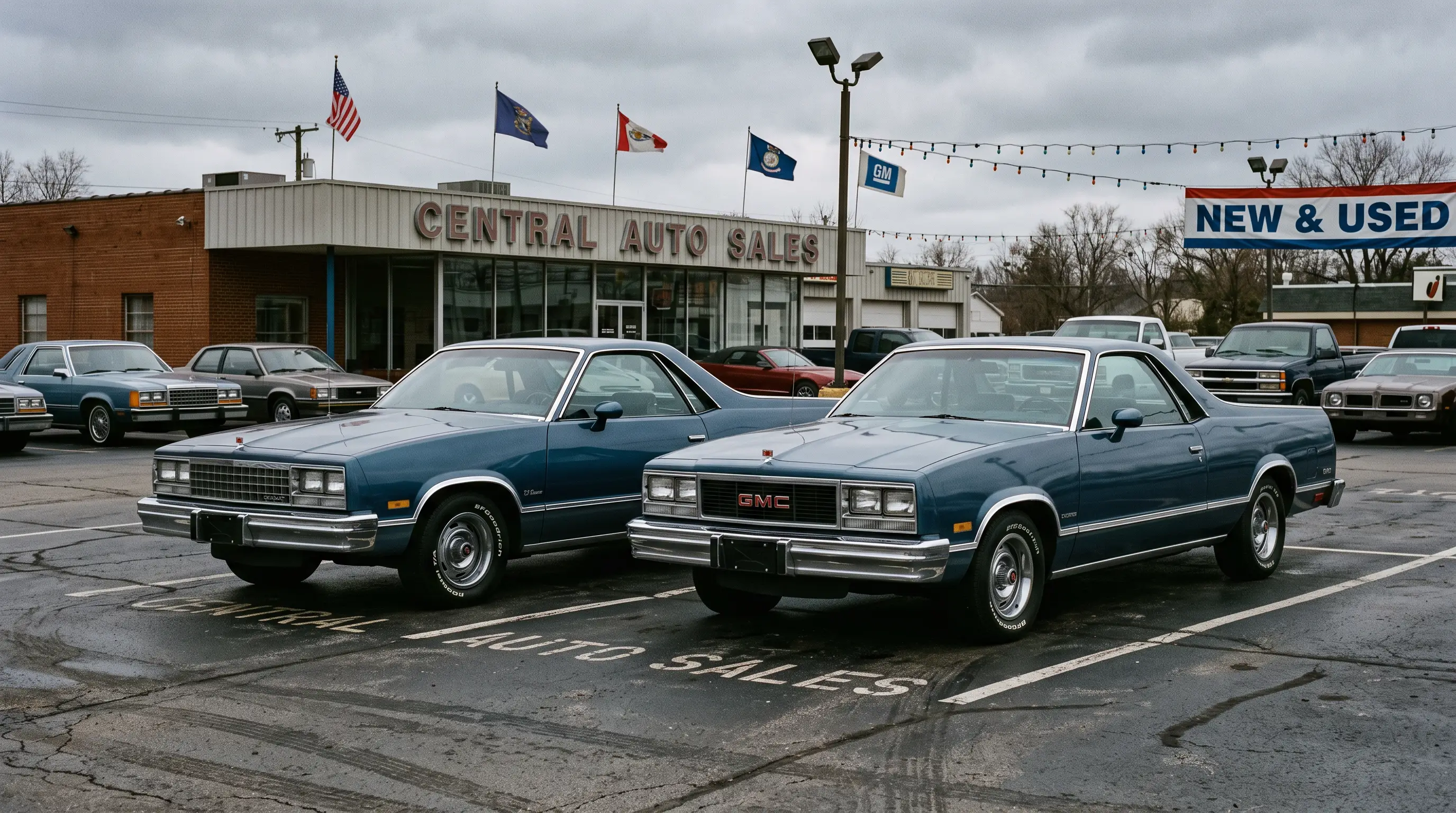 1985 El Camino and GMC Caballero twins parked side by side in a dealer lot