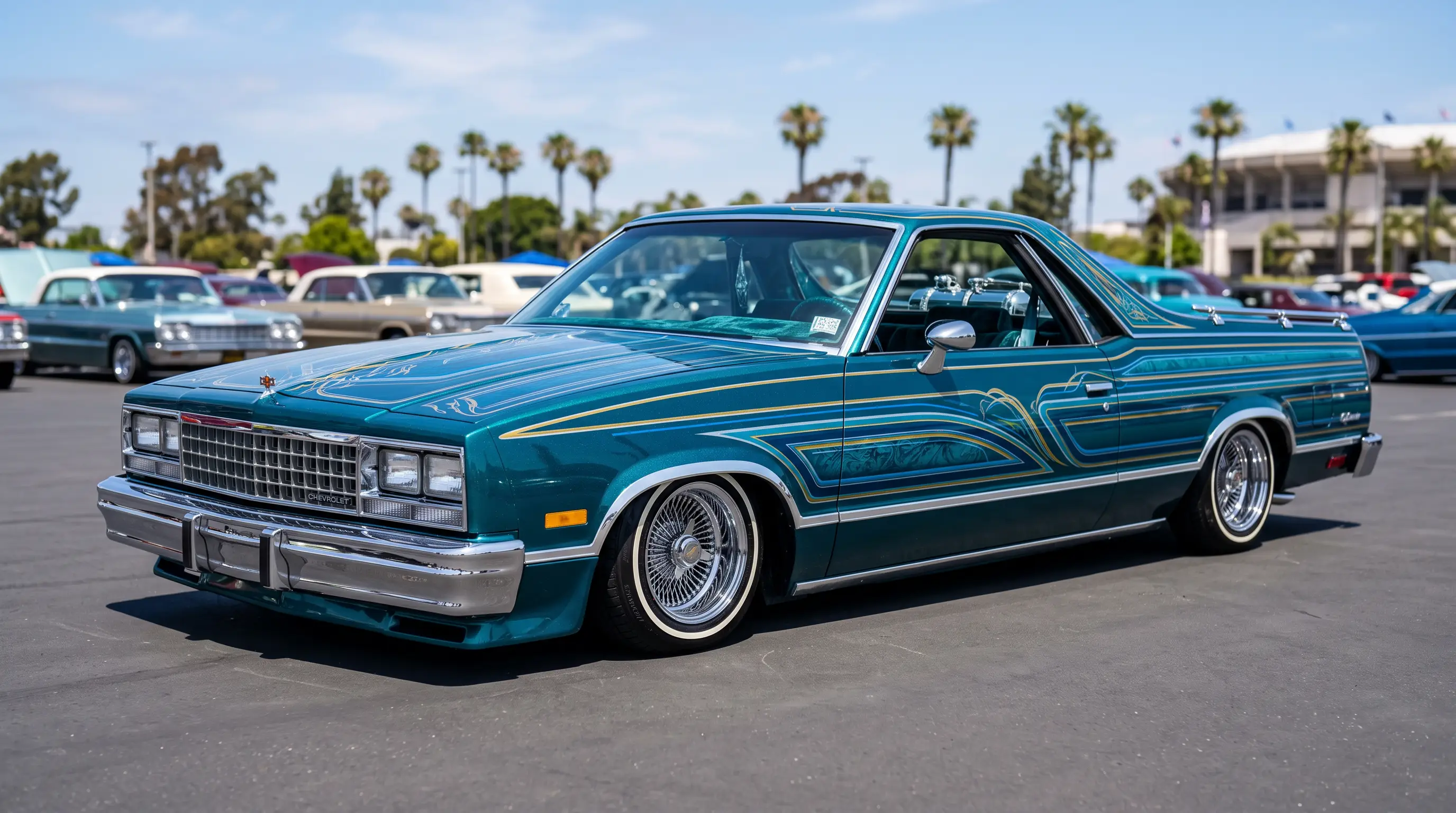 Metallic teal 1980s Chevrolet El Camino lowrider with custom pinstriping under a sunny sky