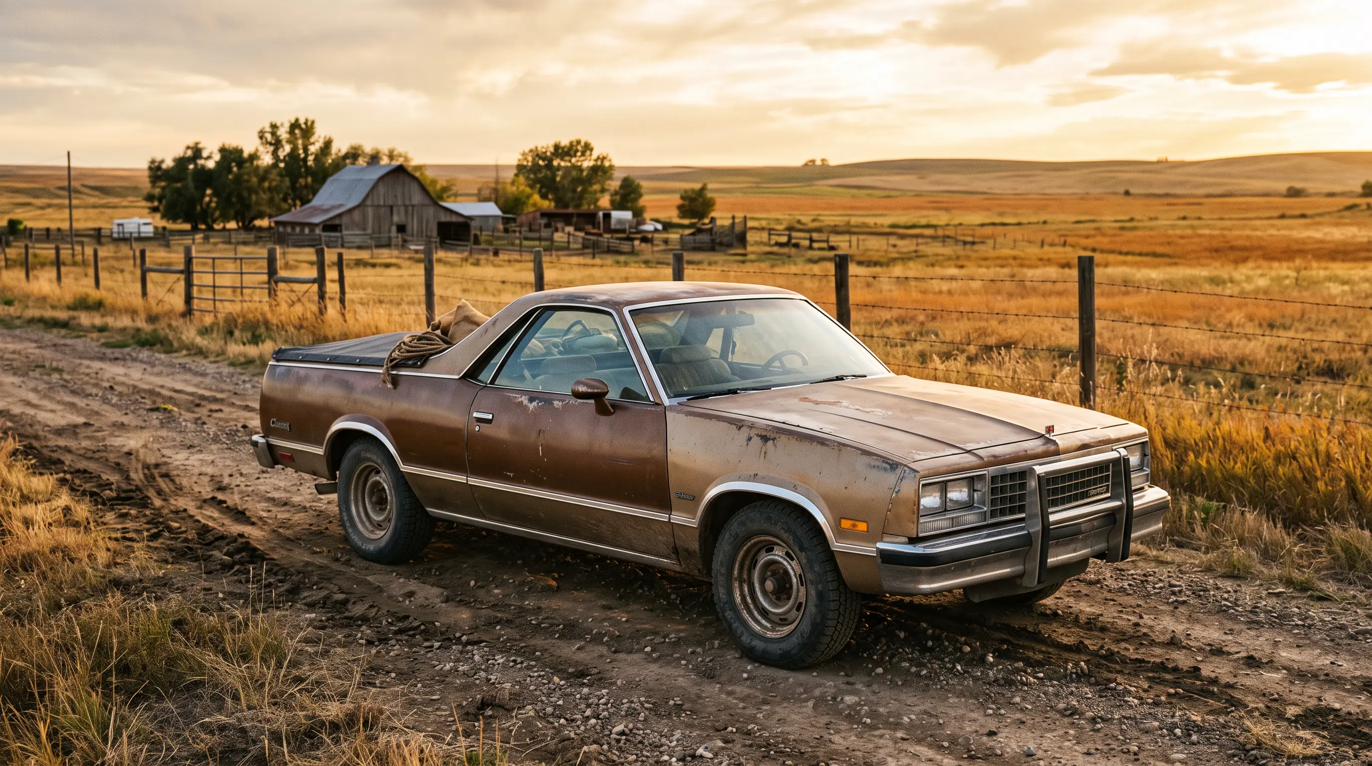 1985 El Camino on a dusty ranch road at golden hour