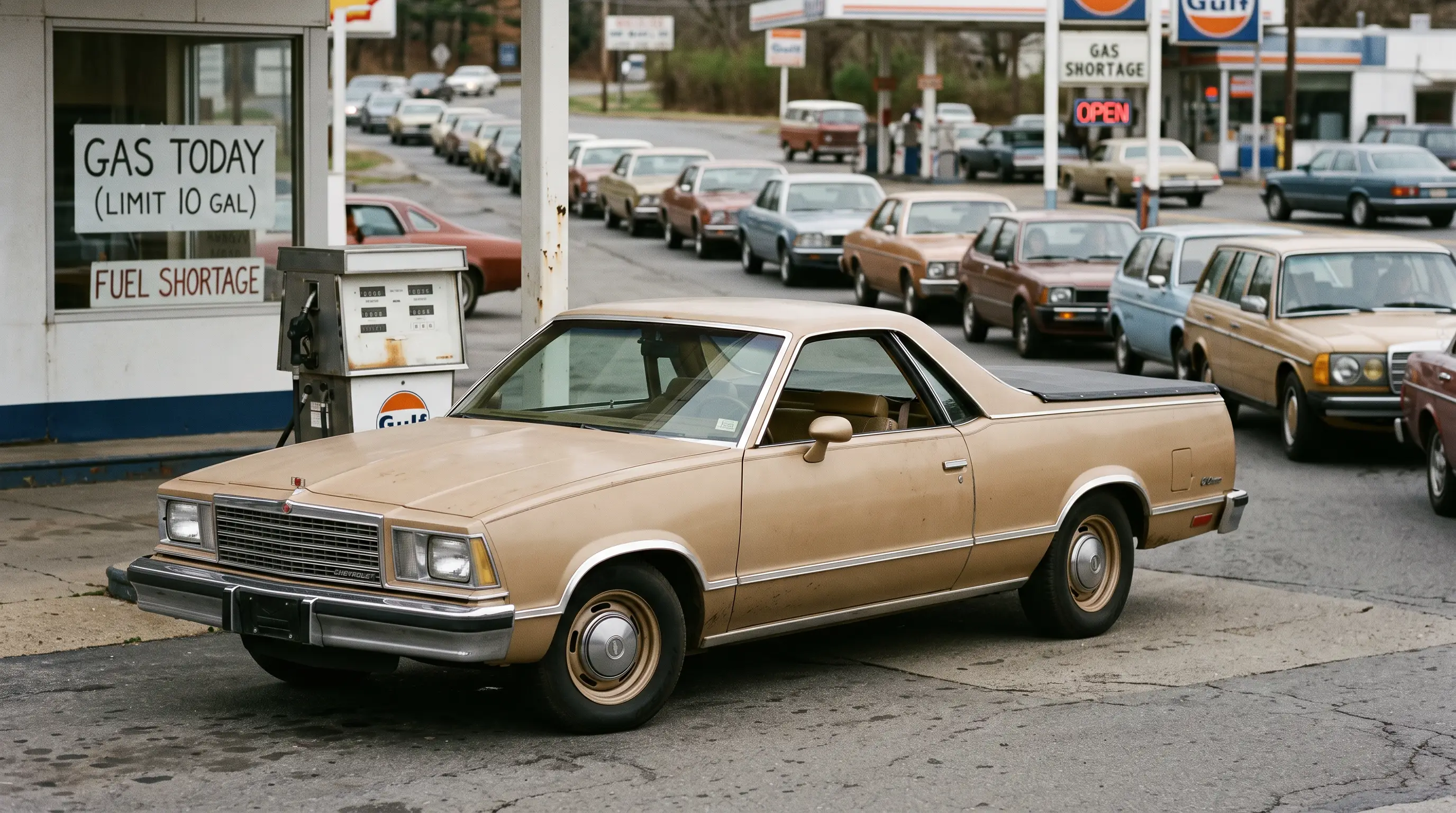 Tan 1978 downsized G-body Chevrolet El Camino at a gas station during fuel shortage era