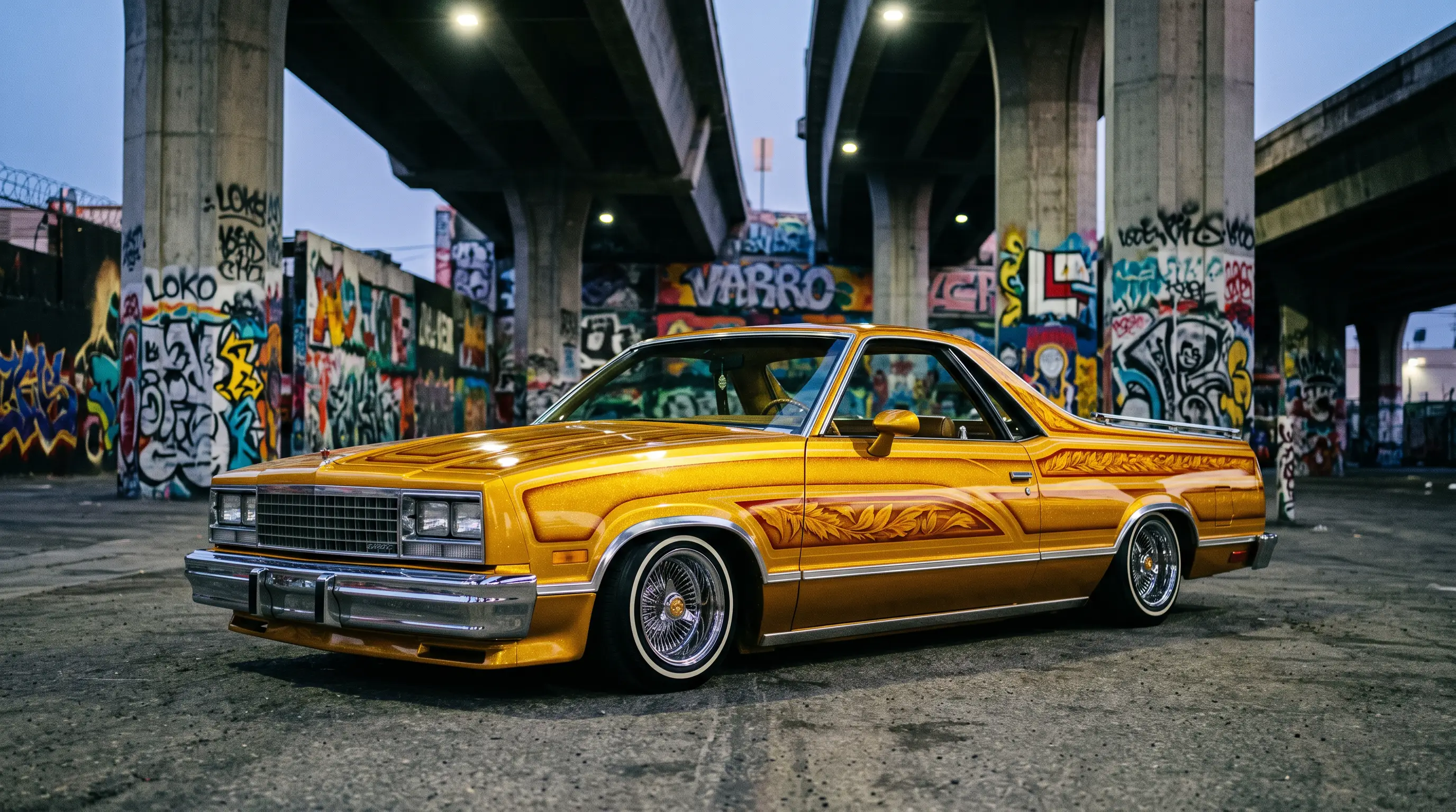 Gold candy El Camino lowrider parked under an overpass with graffiti backdrop