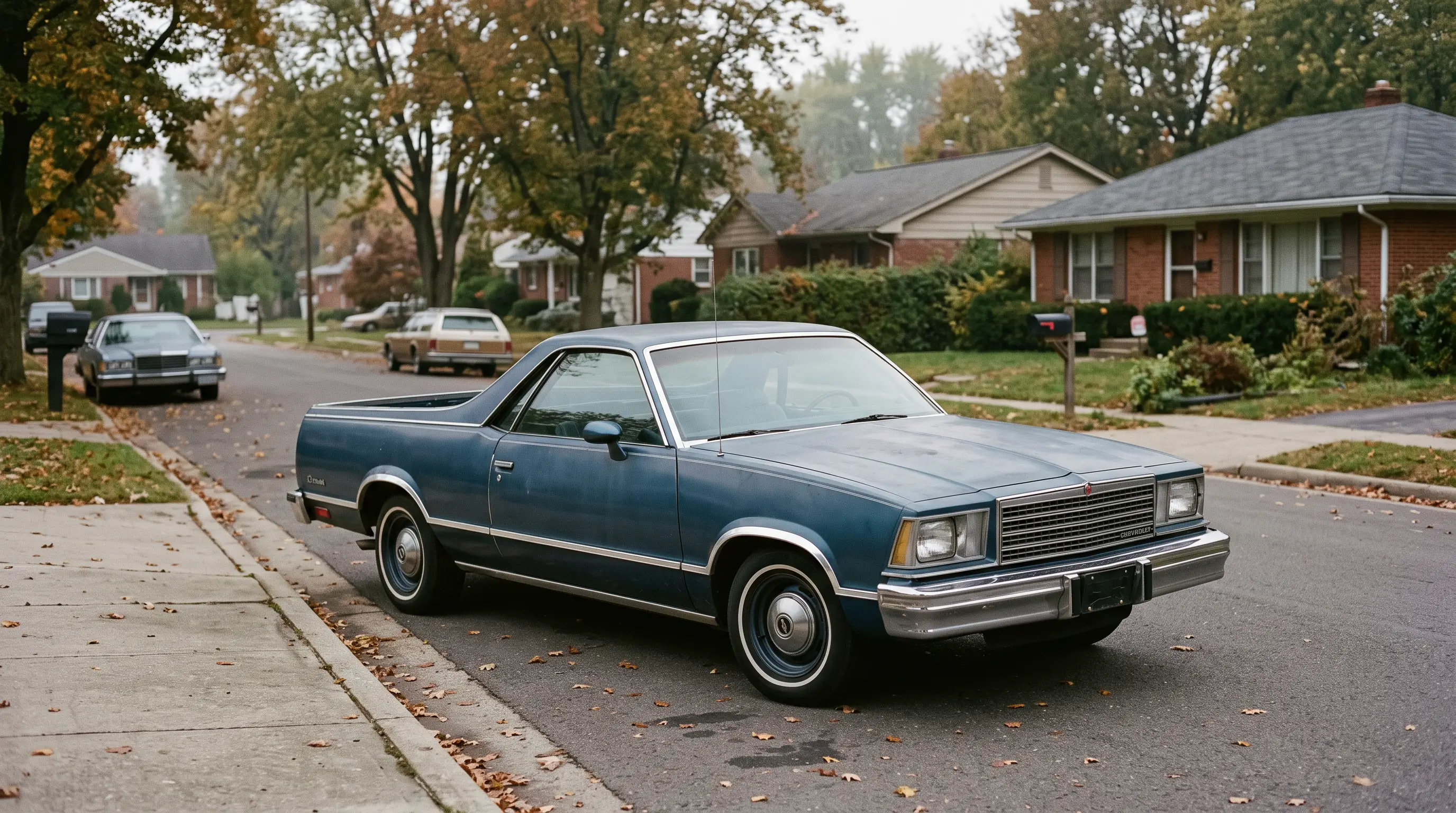 G body El Camino parked on a quiet street in muted malaise era light