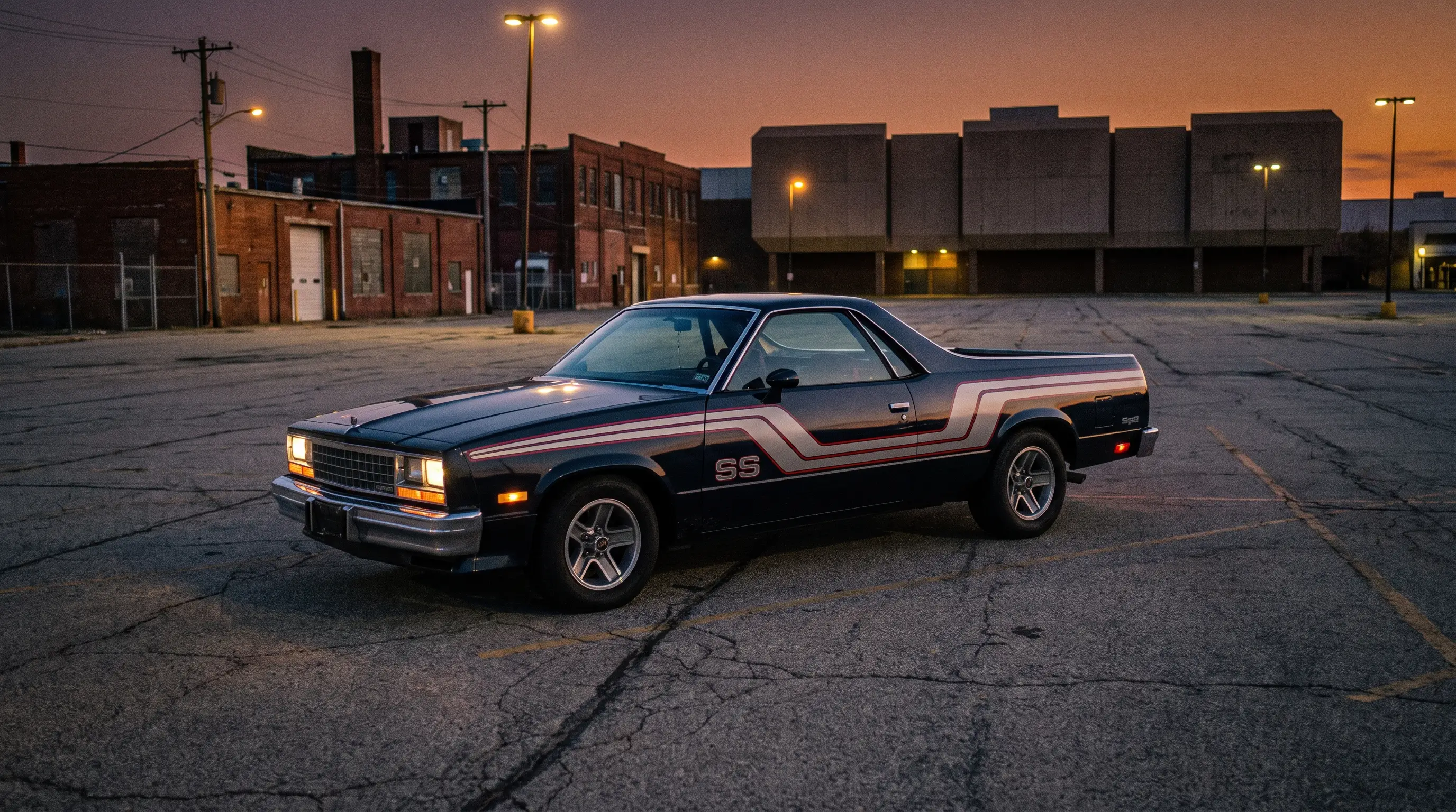 Silver and red 1980s El Camino SS with decal stripe graphics in an empty lot at dusk