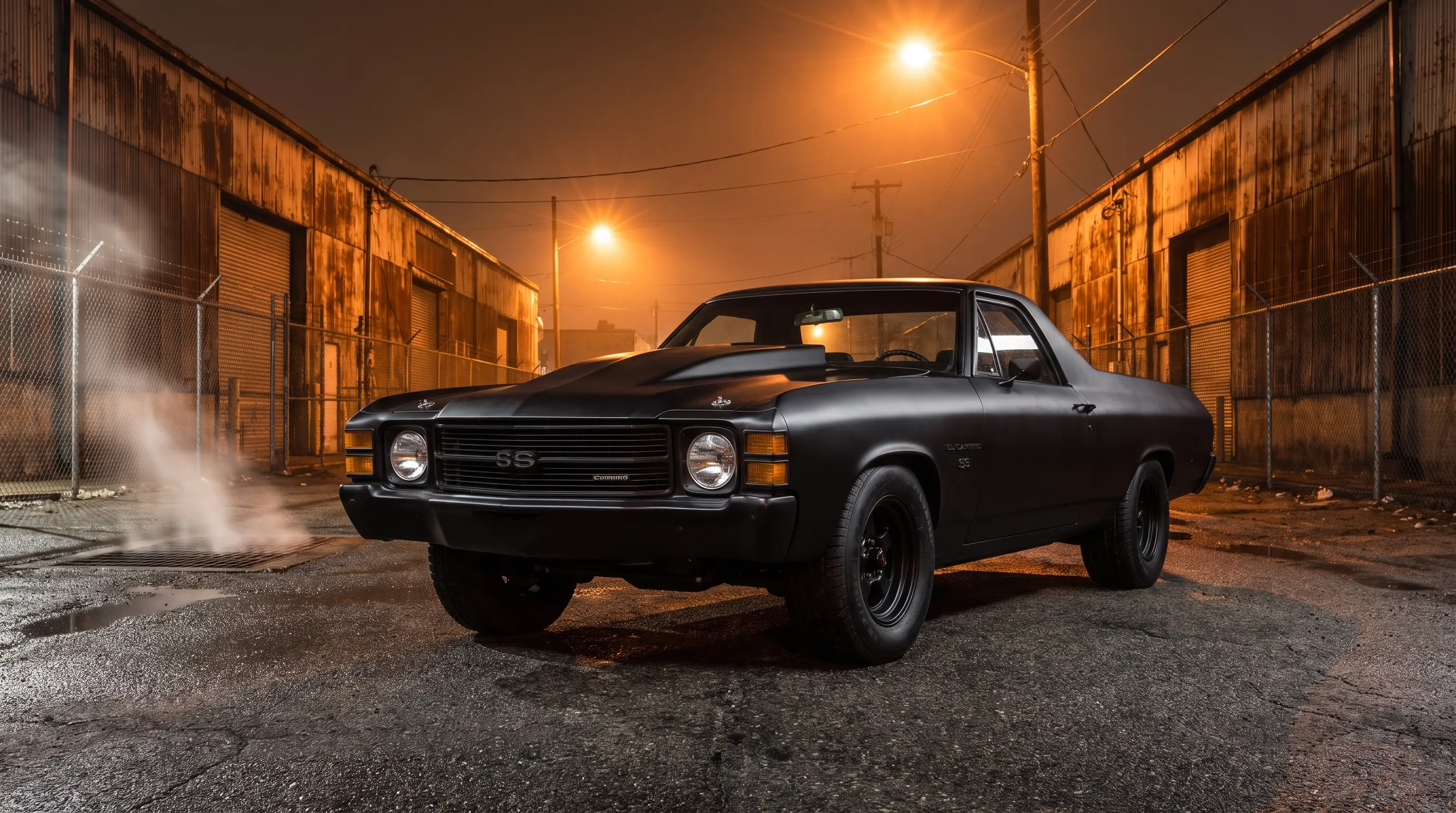 Matte black 1971 El Camino SS 454 with cowl hood in an industrial district at night