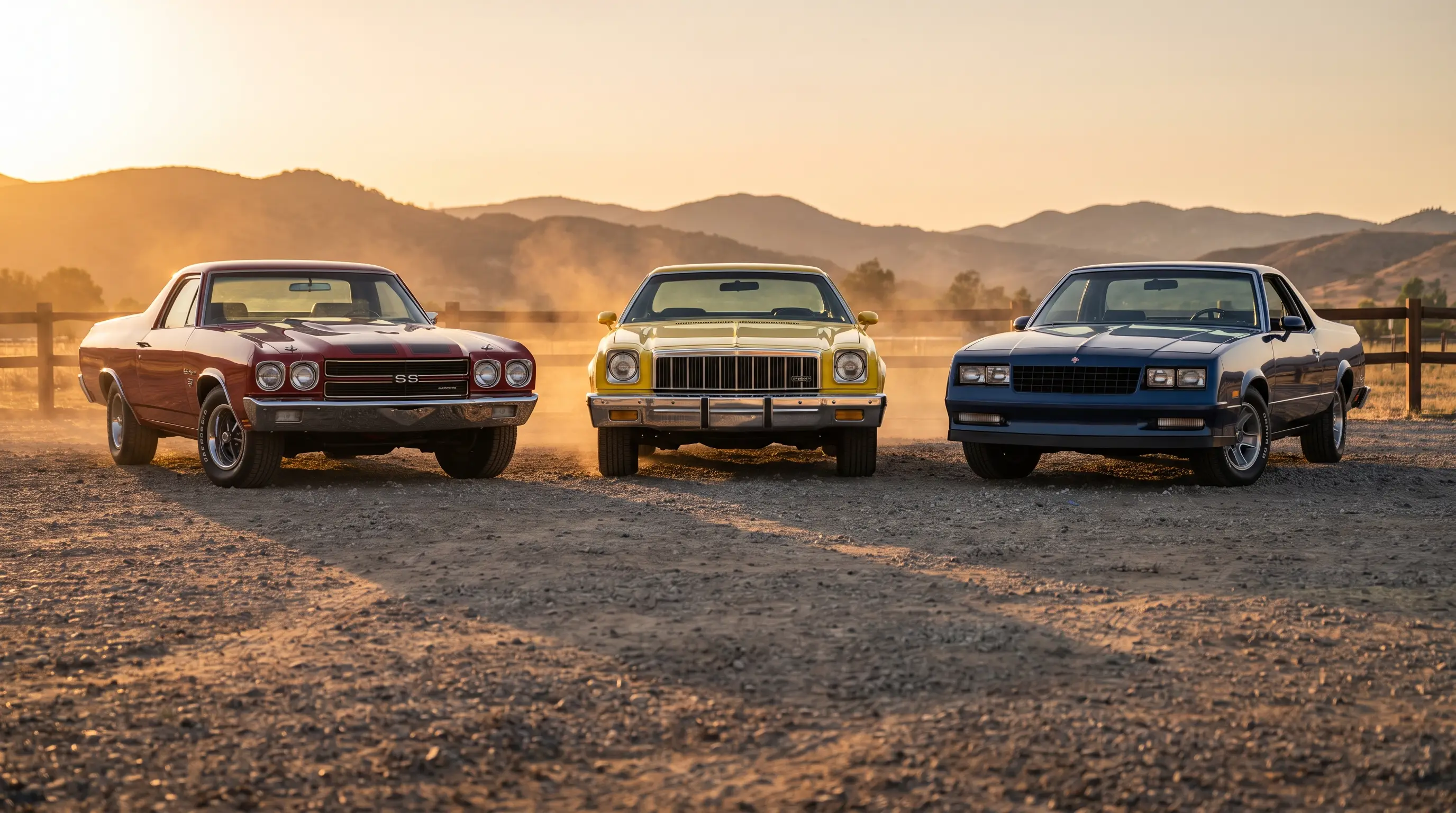 Three generations of Chevrolet El Camino SS lined up in a sunlit gravel lot
