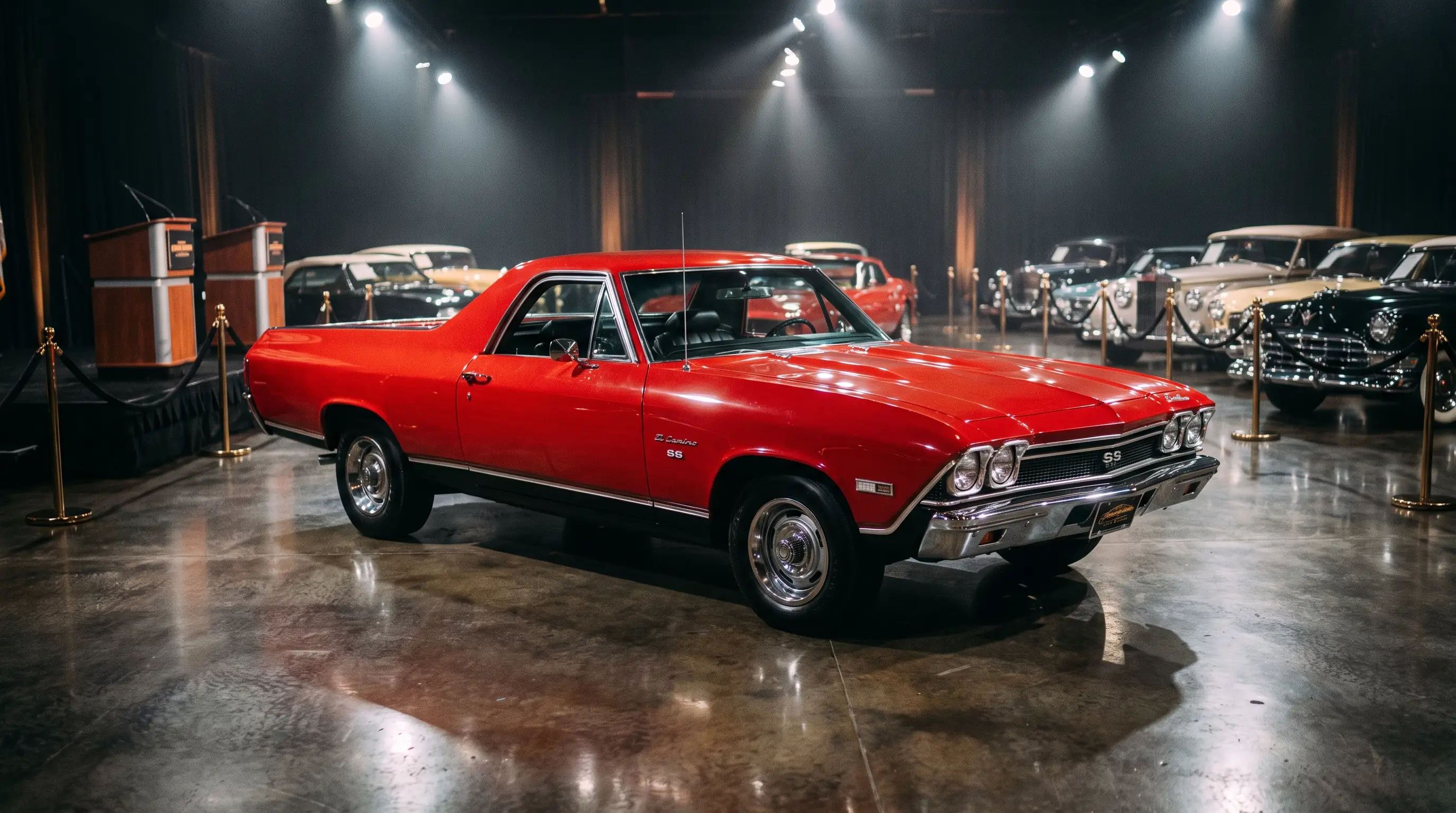 Restored red 1968 Chevrolet El Camino SS under spotlights at a classic car auction