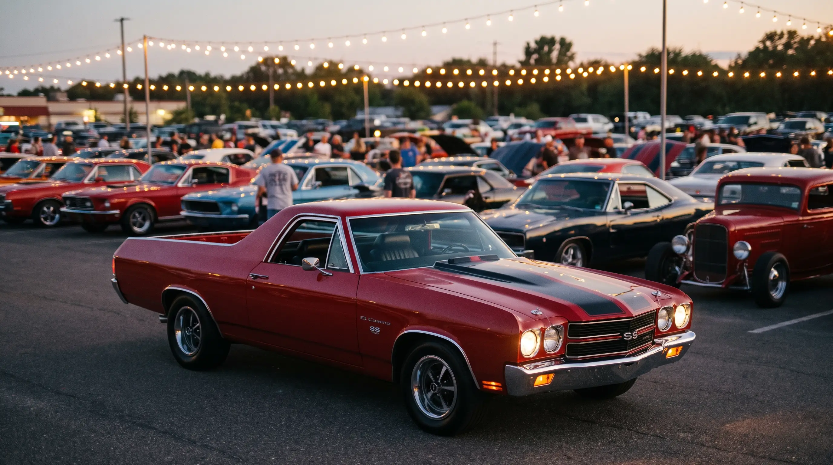 1970 Chevrolet El Camino SS at a crowded classic car cruise night under string lights