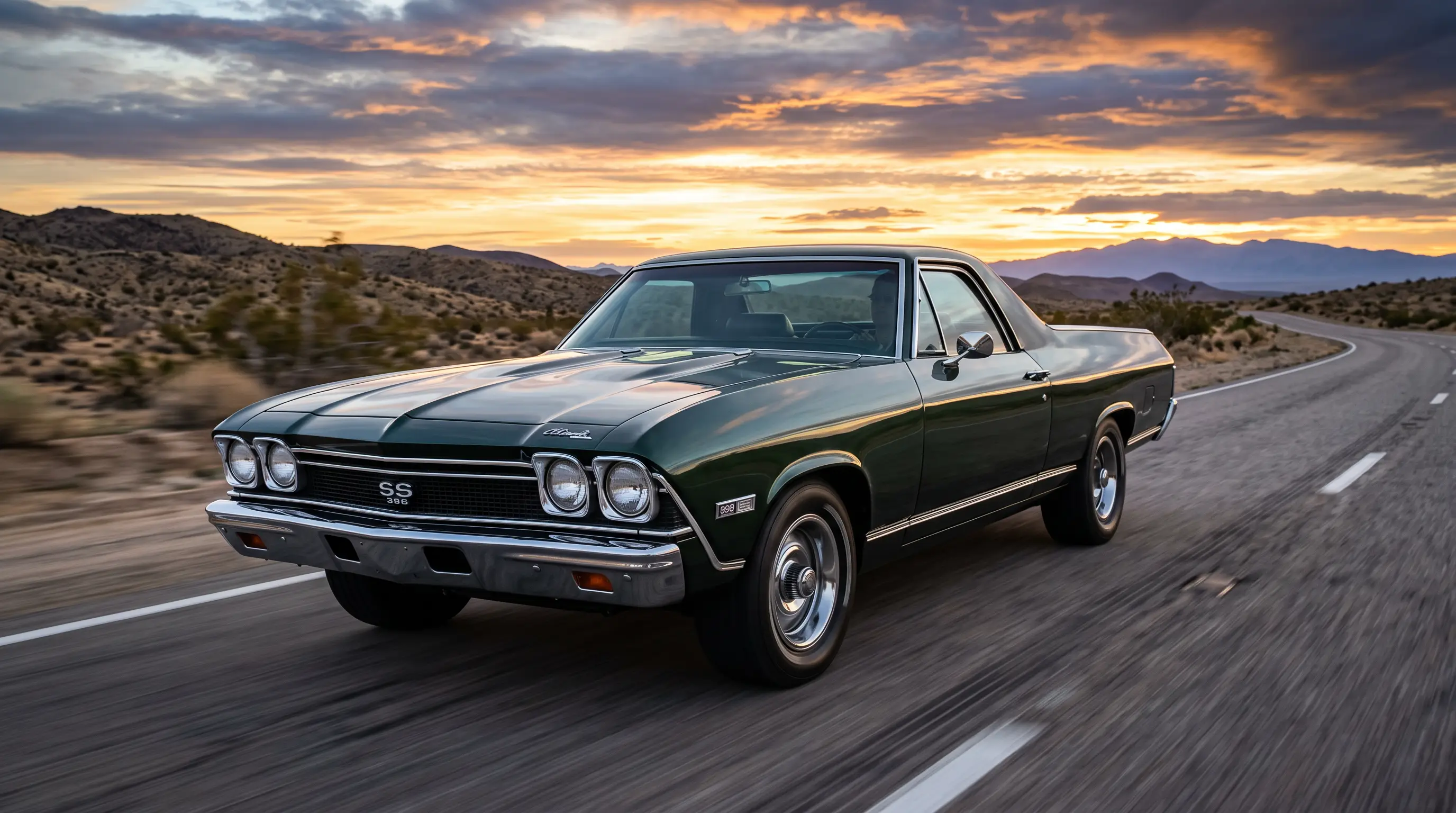 Dark green 1968 Chevrolet El Camino SS 396 on an open highway at sunrise