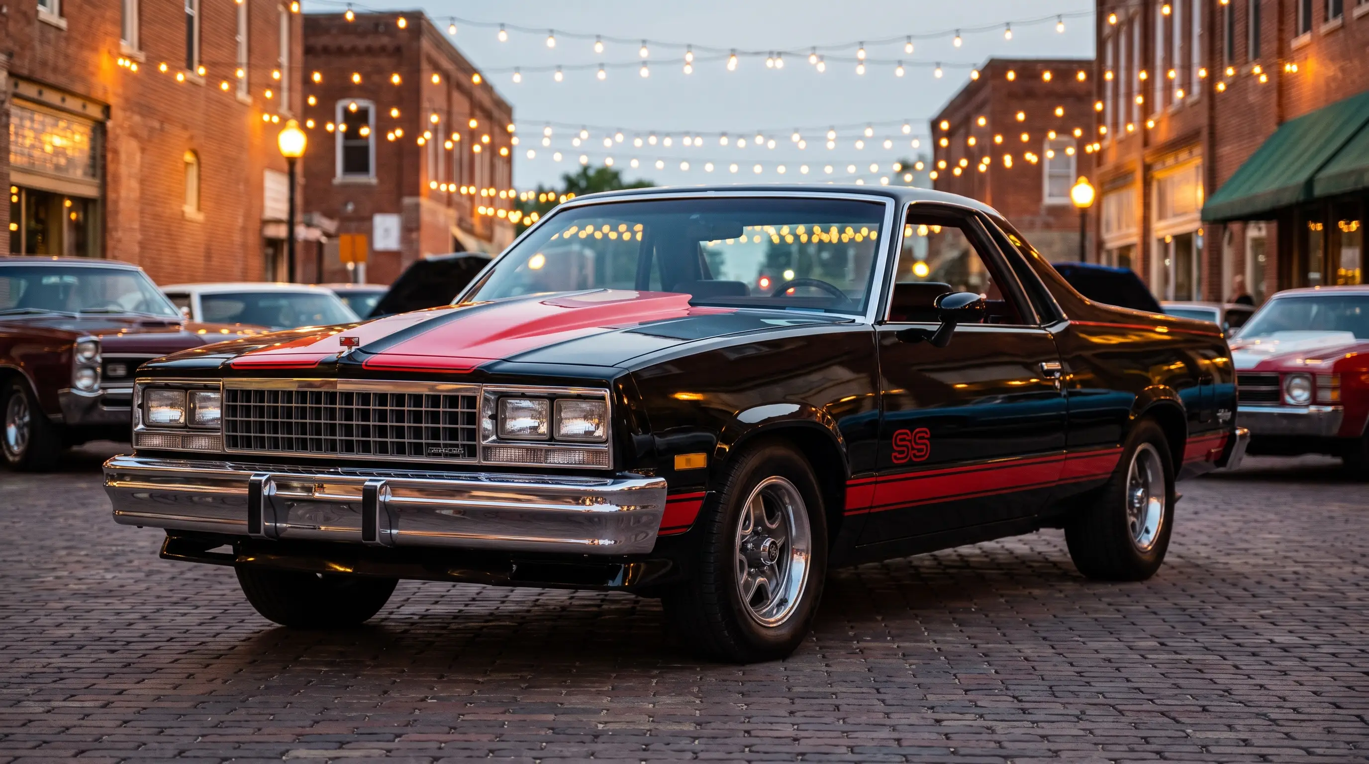 Black G body El Camino SS with red stripes at a small town cruise night
