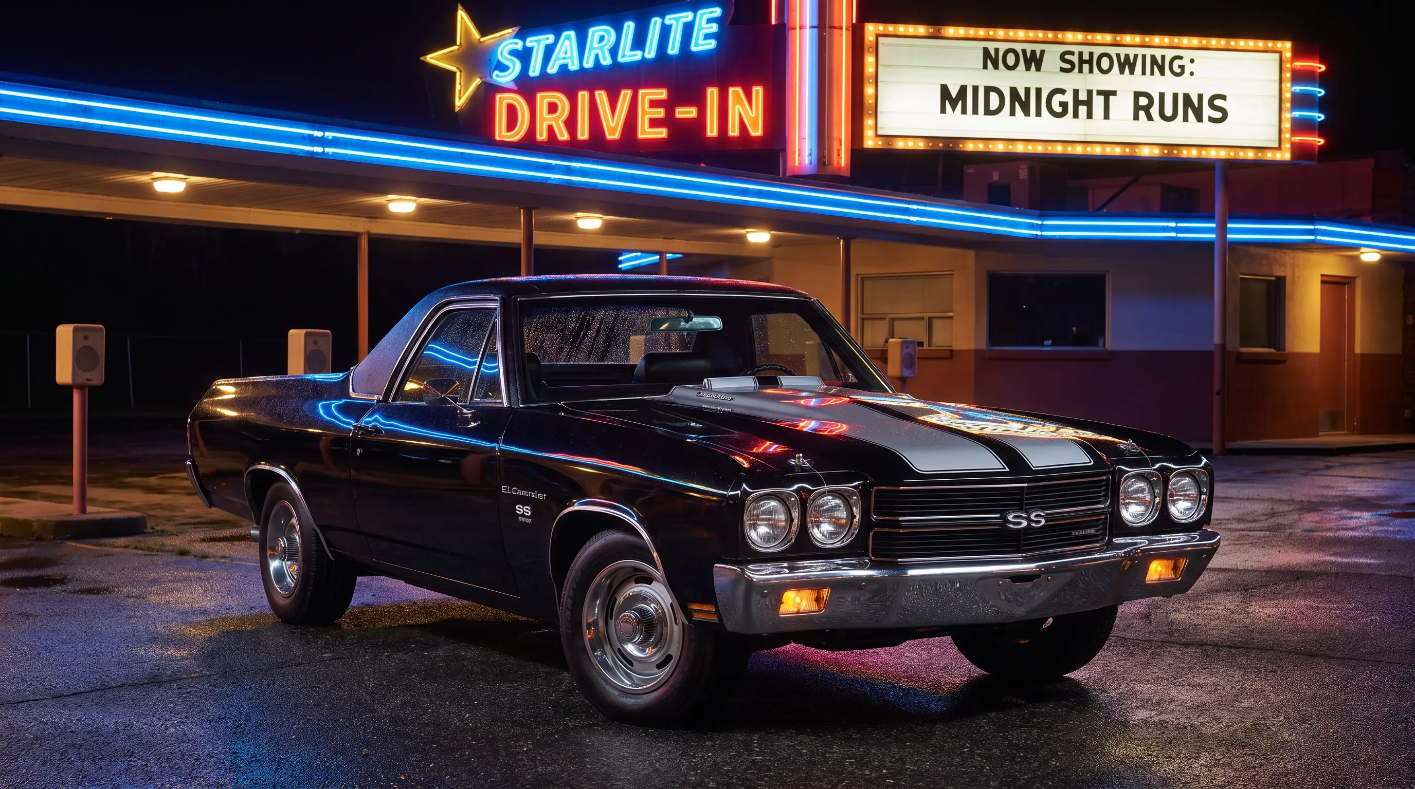 1970 Chevrolet El Camino SS parked outside a neon lit retro drive in theater at night