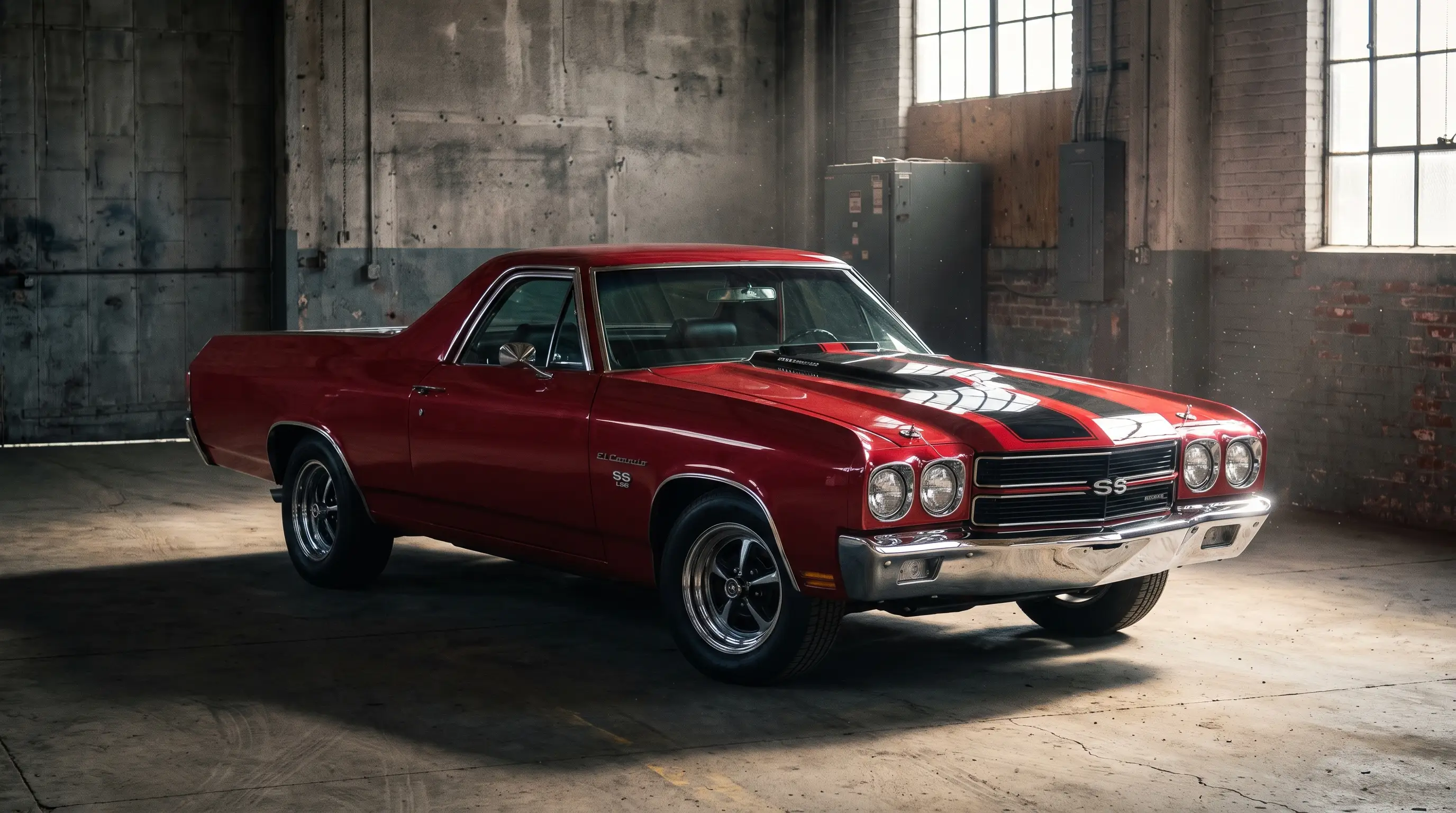 Cranberry red 1970 Chevrolet El Camino SS LS6 with cowl induction hood in studio light