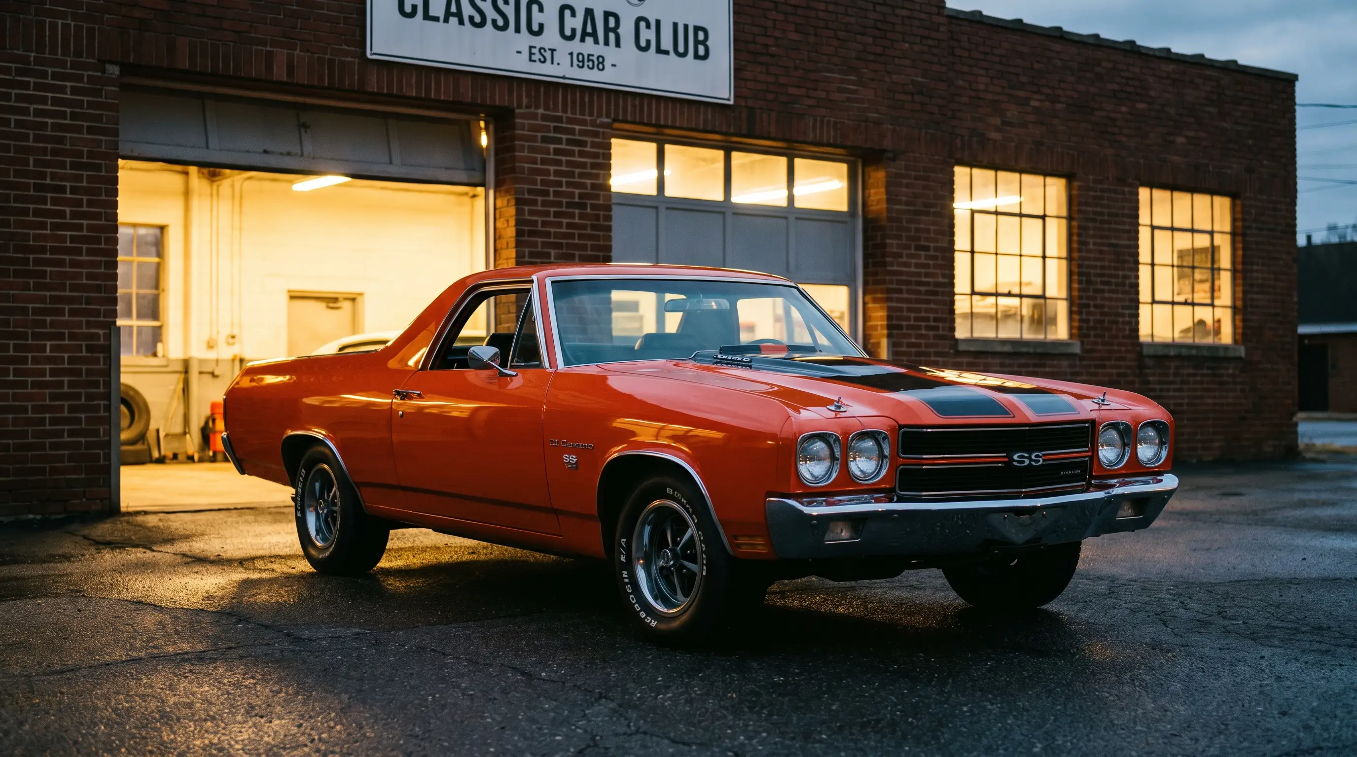 Orange 1970 Chevrolet El Camino SS parked outside a small town car club garage at dusk