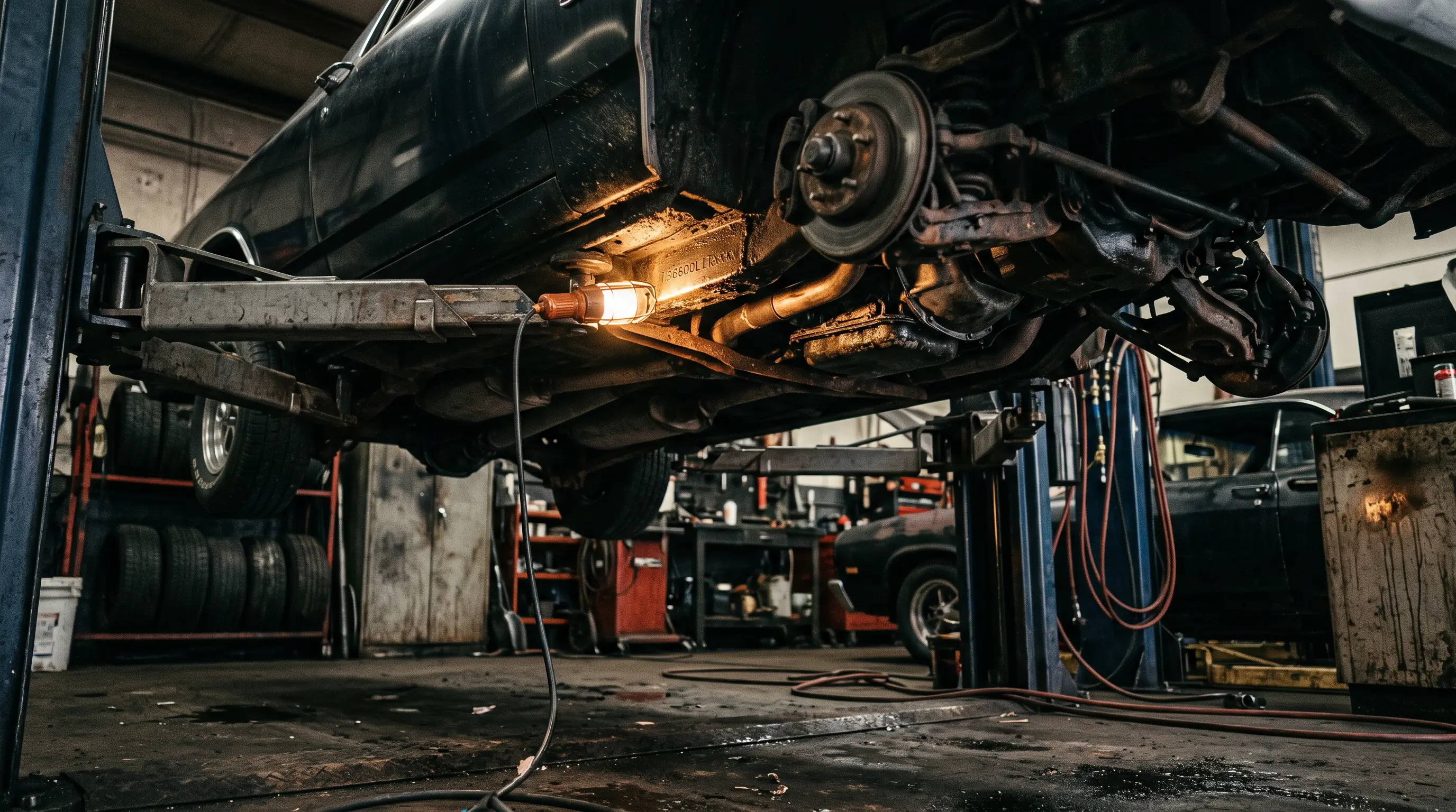 1970 Chevrolet El Camino SS on a garage lift with an inspection light on the underside