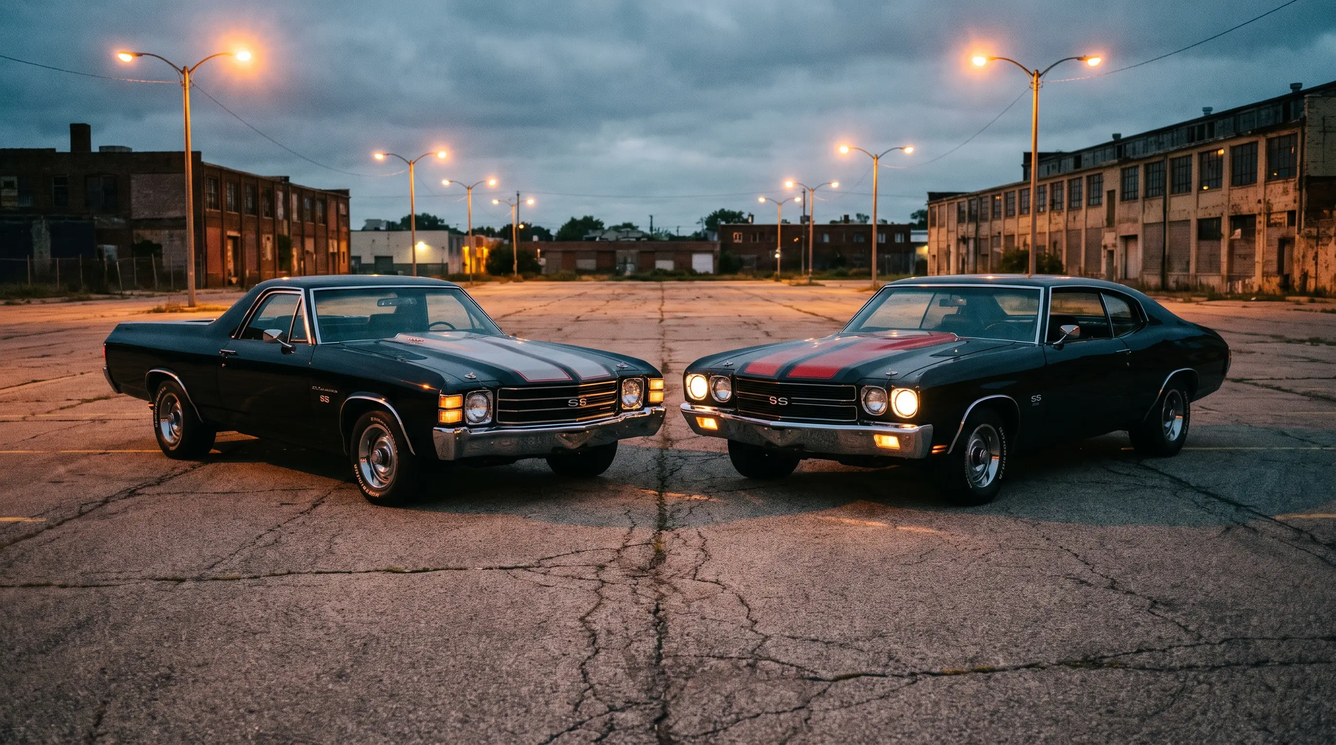 Black El Camino SS and Chevelle SS parked nose to nose in a dusk parking lot under streetlights