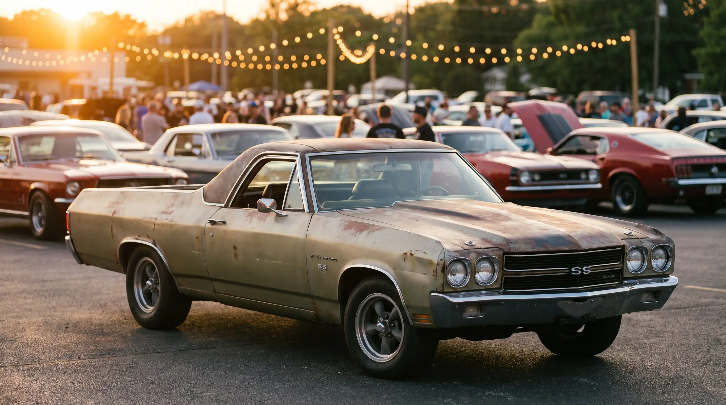 Weathered Chevrolet El Camino SS at a weekend cruise night with soft string lights