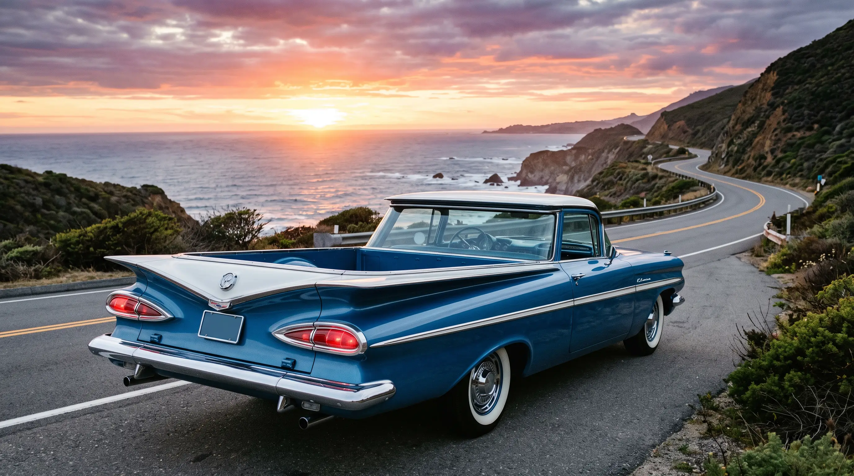 Full-size 1959 Chevrolet El Camino with dramatic tailfins on an open coastal highway