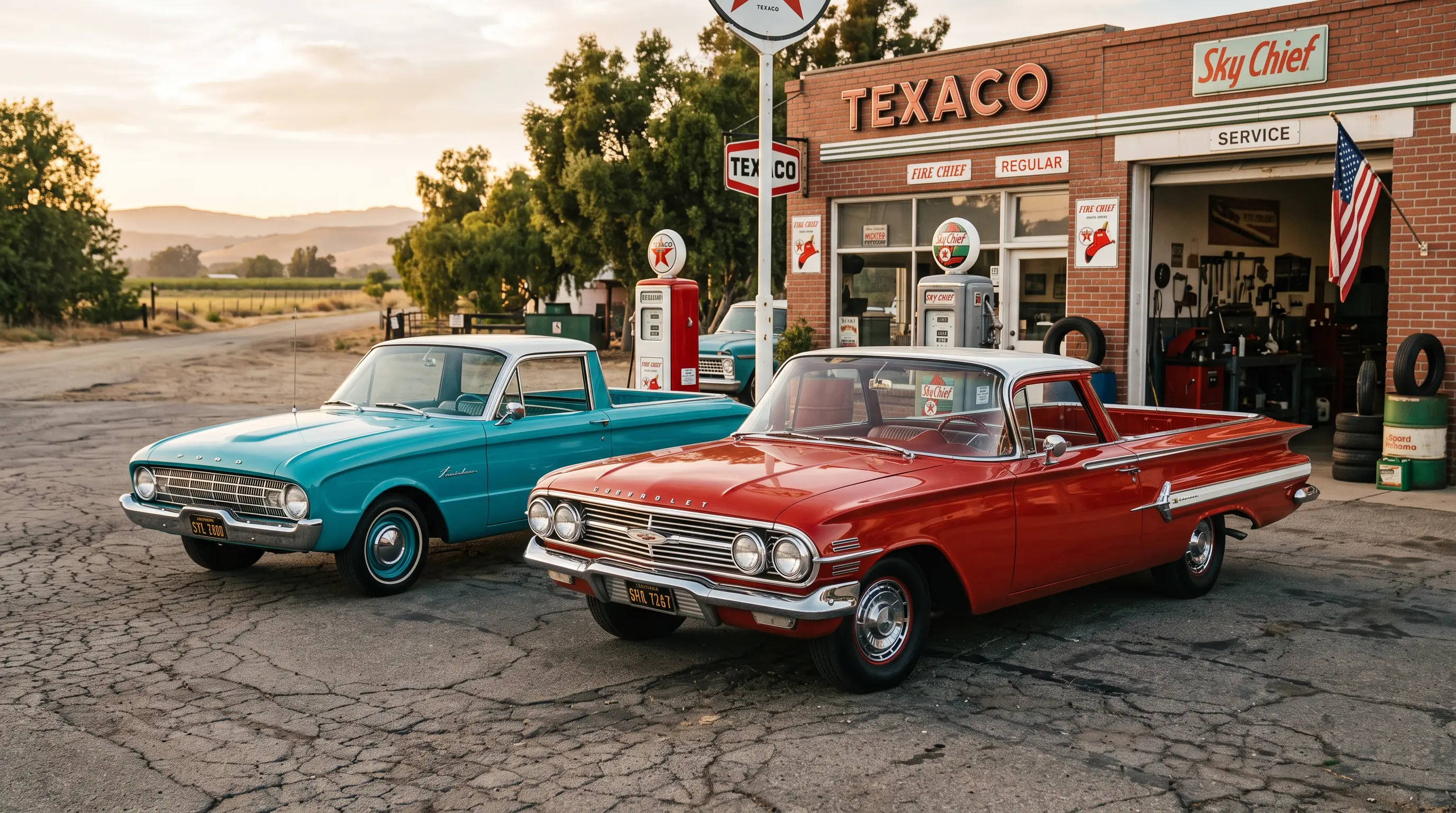 1960 Chevrolet El Camino parked beside a Ford Ranchero at a period gas station