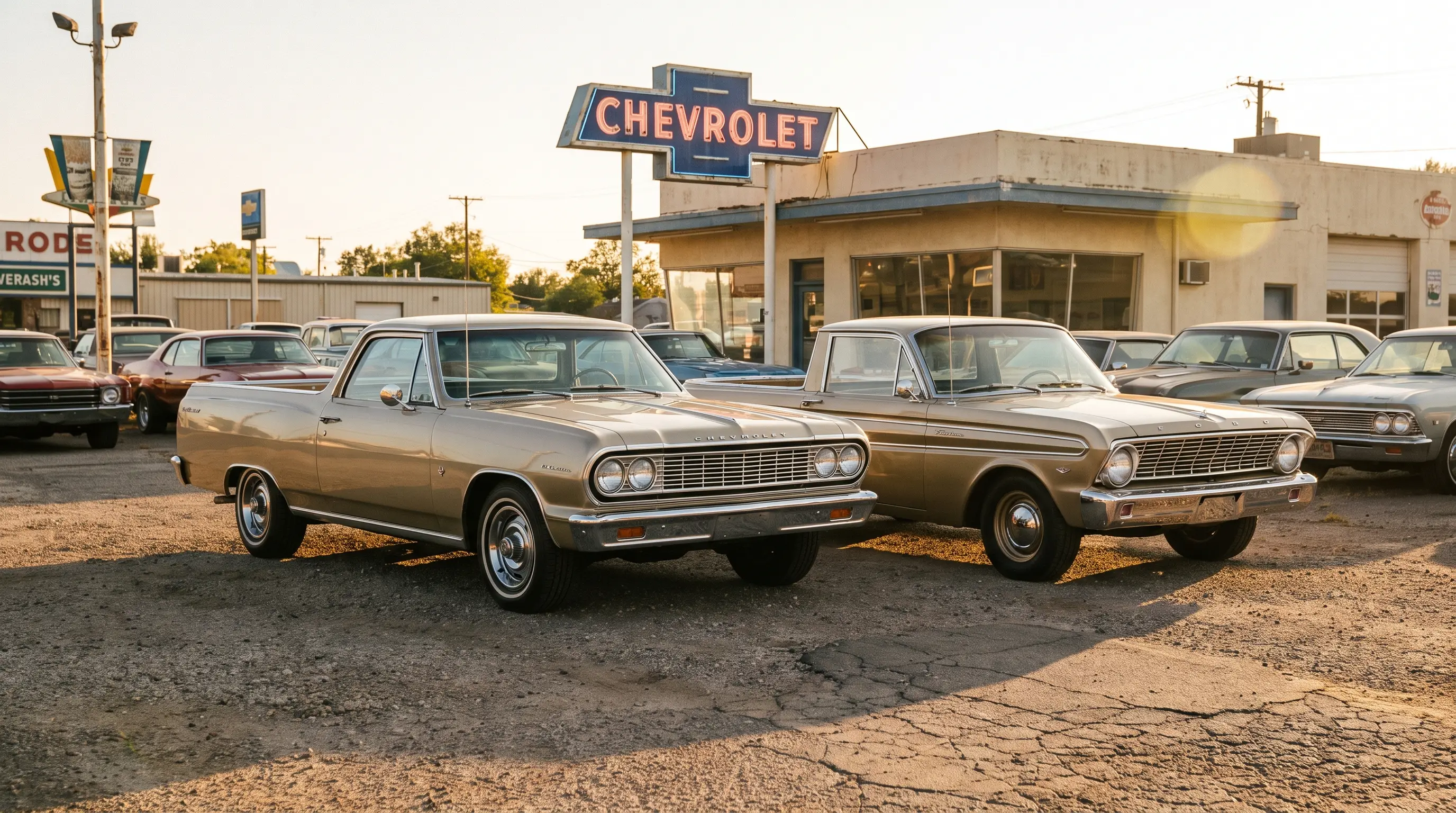 1964 El Camino beside a Ford Falcon Ranchero at a vintage dealership lot