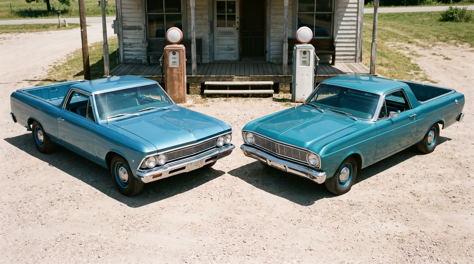 1966 Chevrolet El Camino and 1966 Ford Ranchero — nose to nose at a country store
