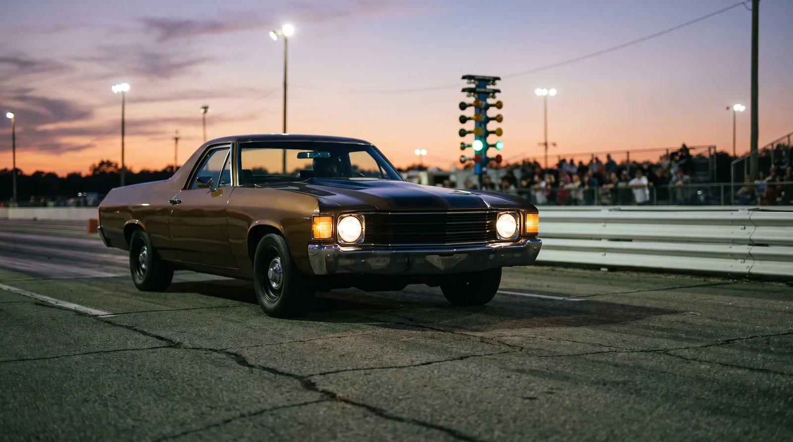 1972 Chevrolet El Camino SS 454 — waiting in drag strip staging lanes at dusk