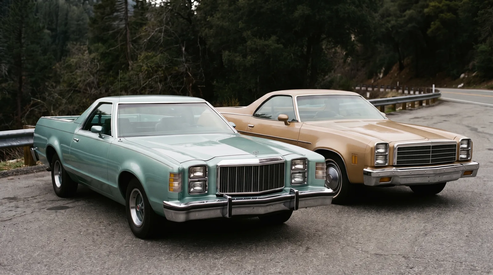 1977 Ford Ranchero and 1977 Chevrolet El Camino — mountain pass pull-out