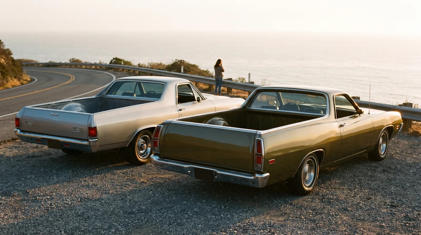 1970 Chevrolet El Camino and 1971 Ford Ranchero — side by side on a coastal road