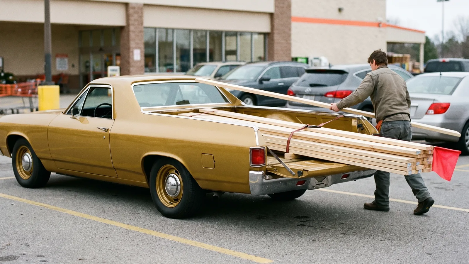 1972 Chevrolet El Camino — loading lumber at home-improvement store