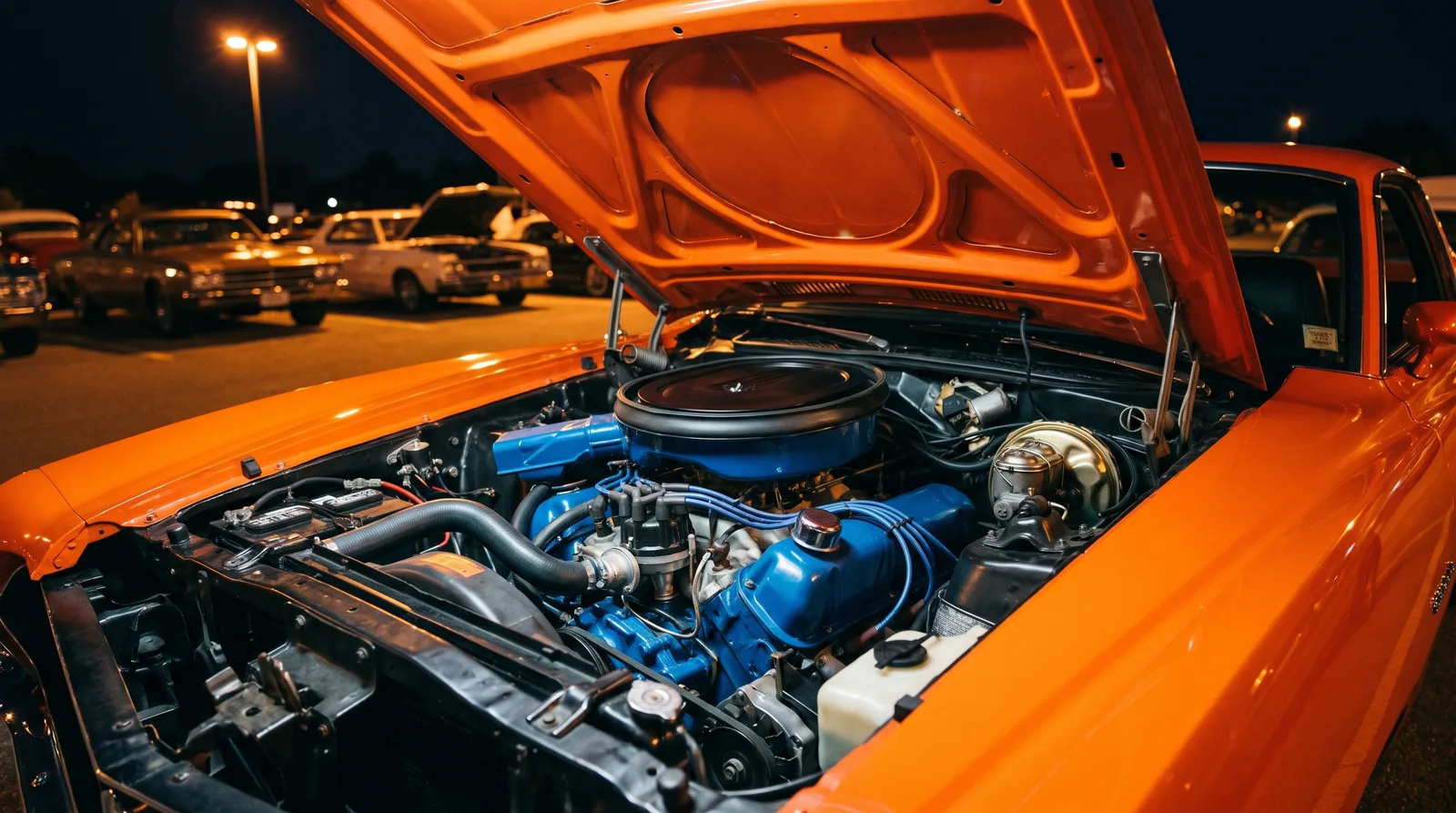 1970 Ford Ranchero GT 429 Cobra Jet — engine bay at a night cruise-in