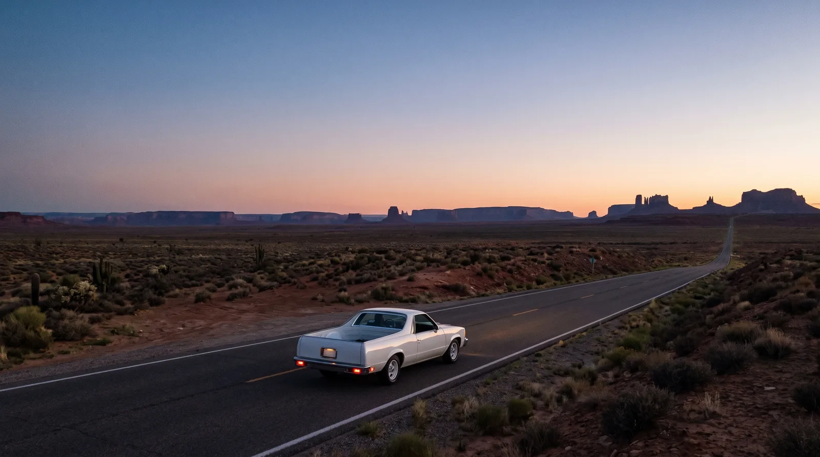 1978 Chevrolet El Camino — alone on desert highway at dusk