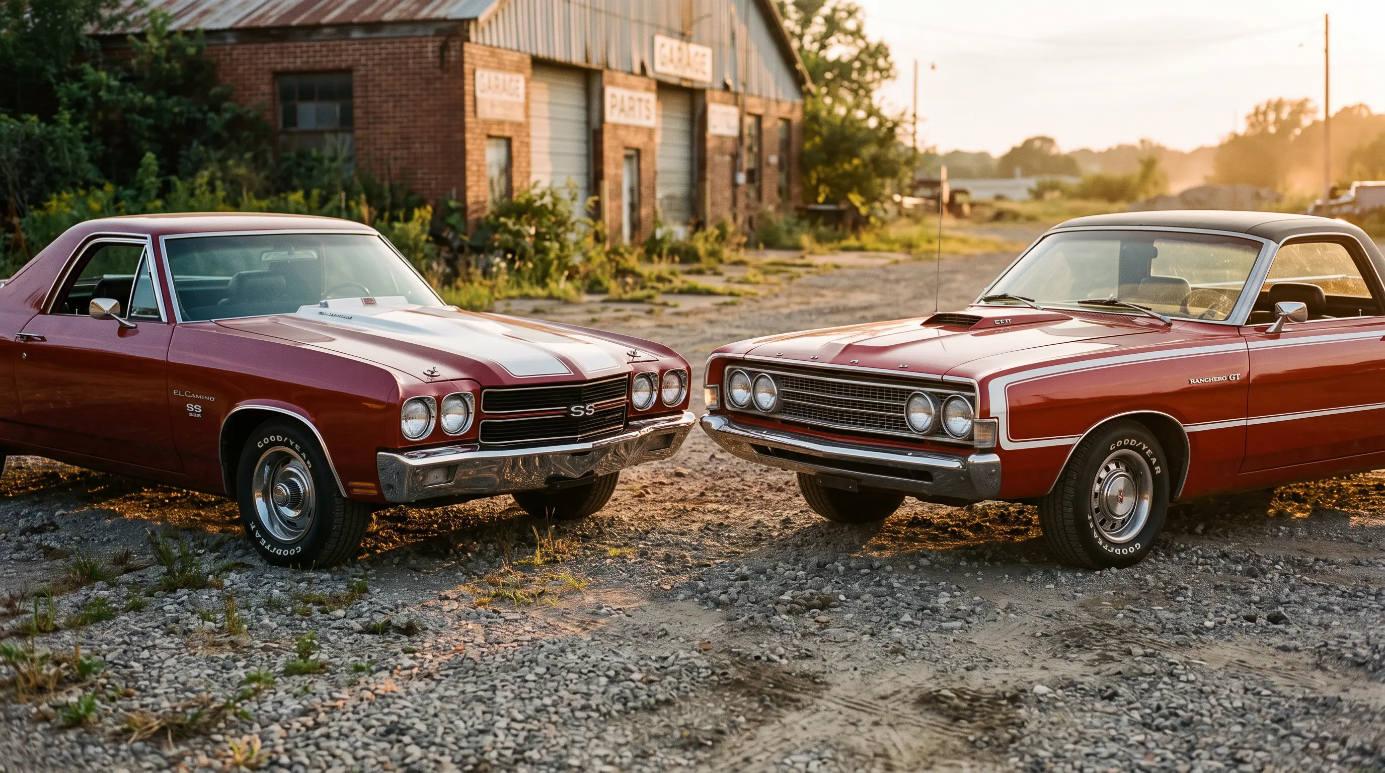 Classic El Camino and Ford Ranchero parked nose to nose in a gravel lot