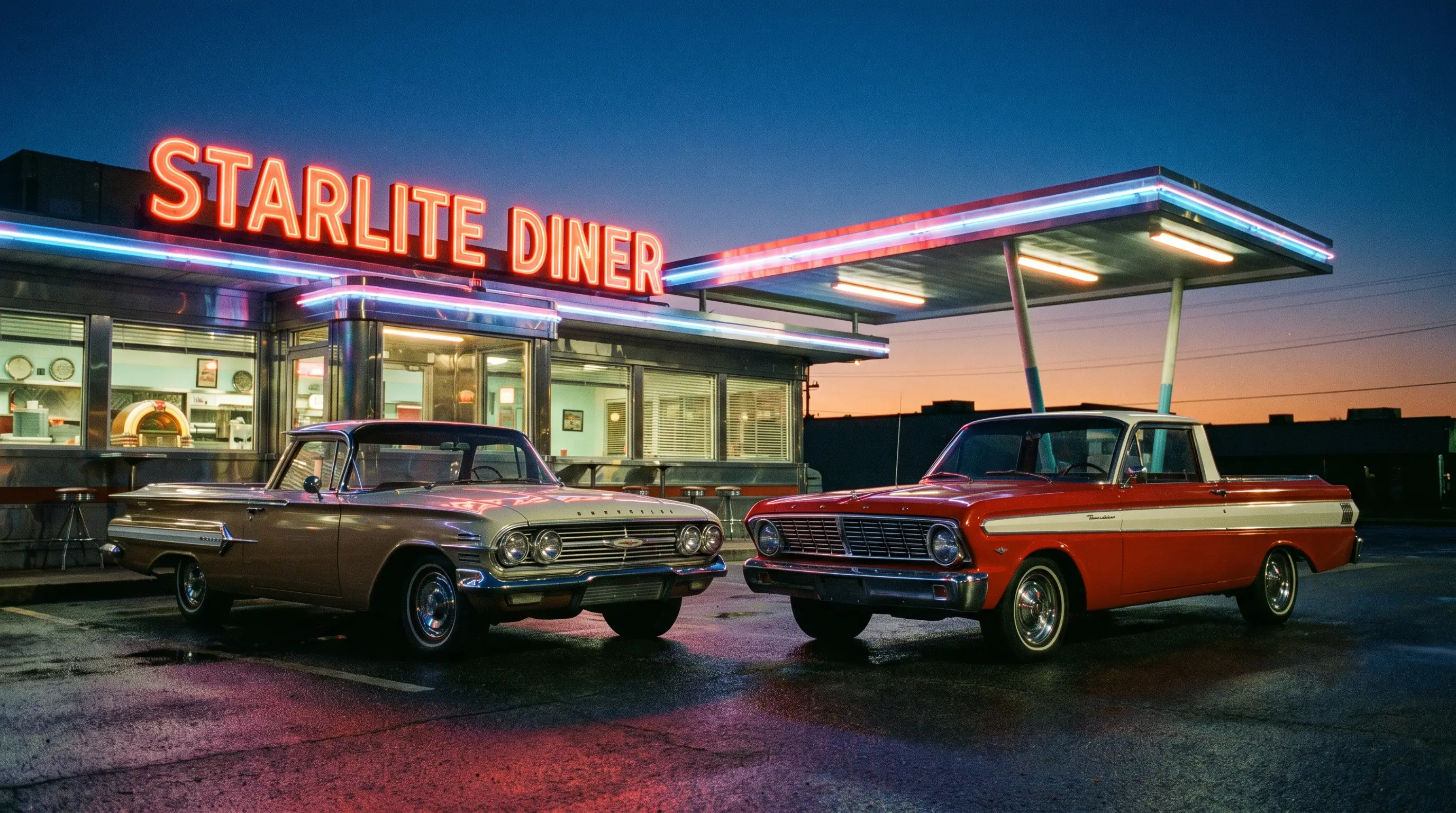 Classic El Camino and Ranchero parked nose to nose at a neon diner drive-in at dusk
