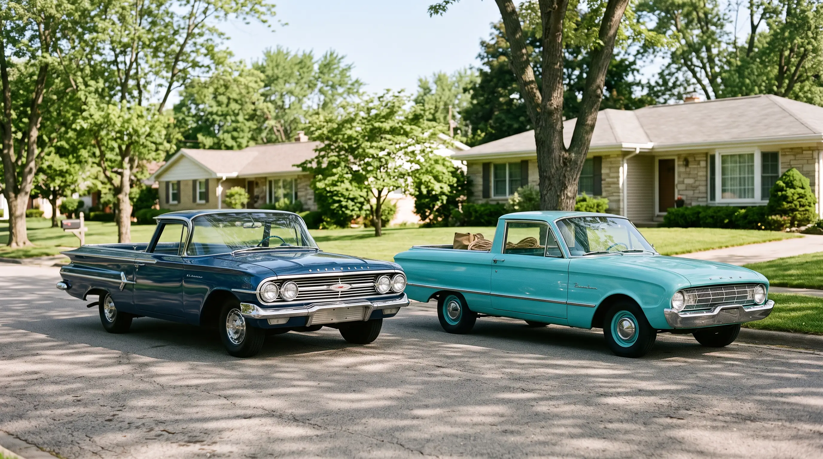 Classic El Camino and Ranchero side by side on a quiet suburban street